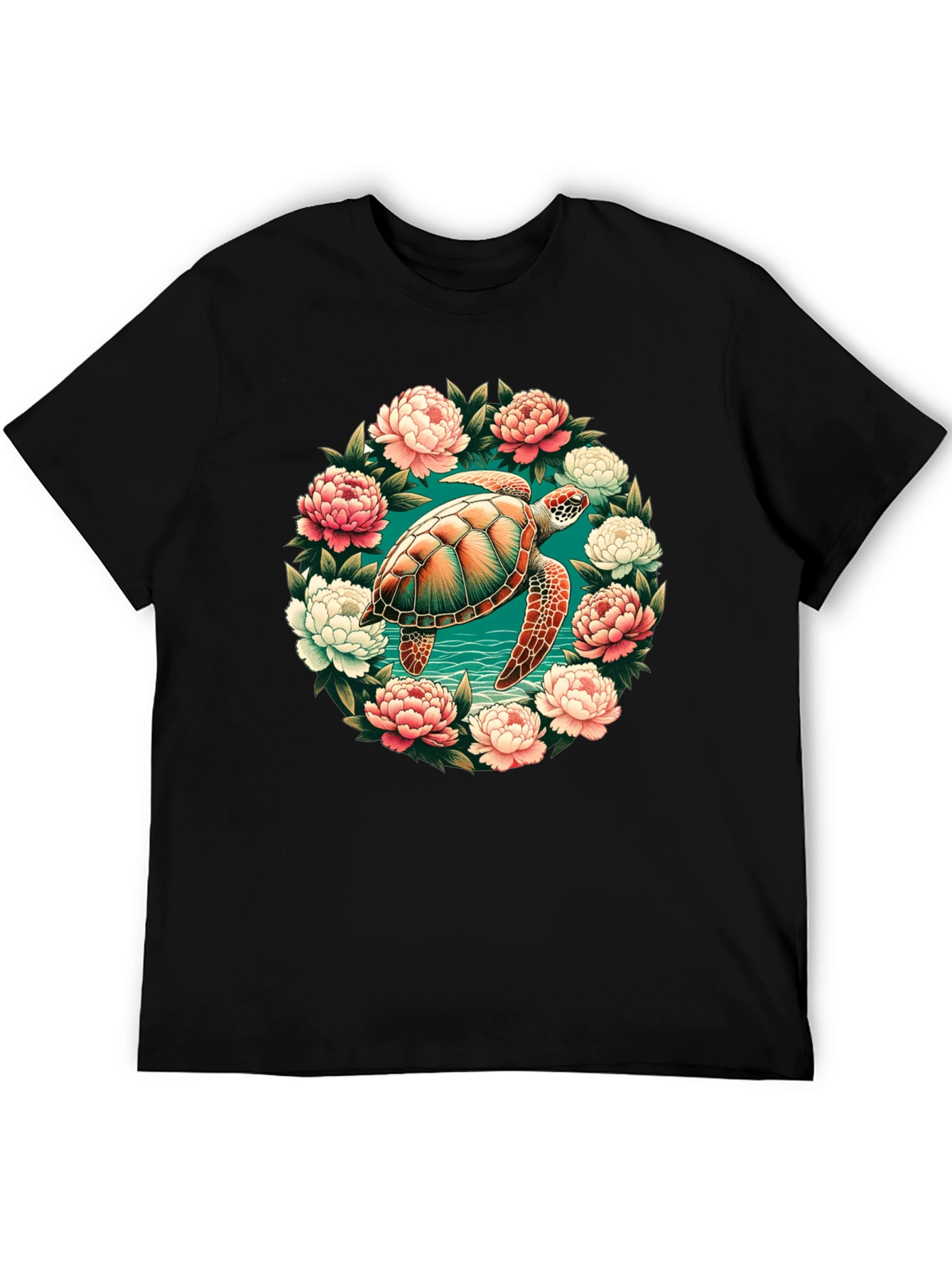 Sea Turtle Floral Wreath Graphic Tee - Black