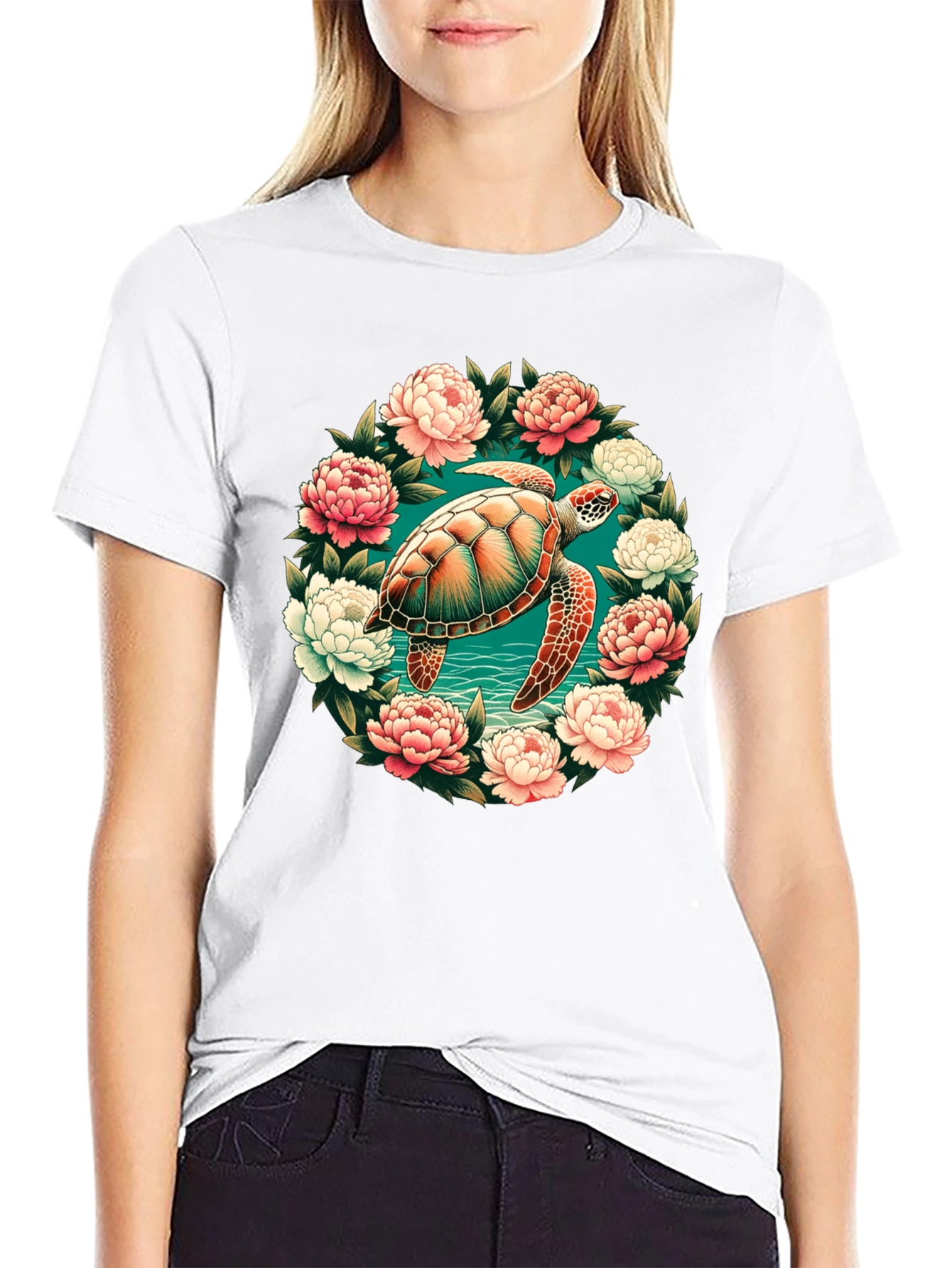 Sea Turtle Floral Wreath Graphic Tee - Black