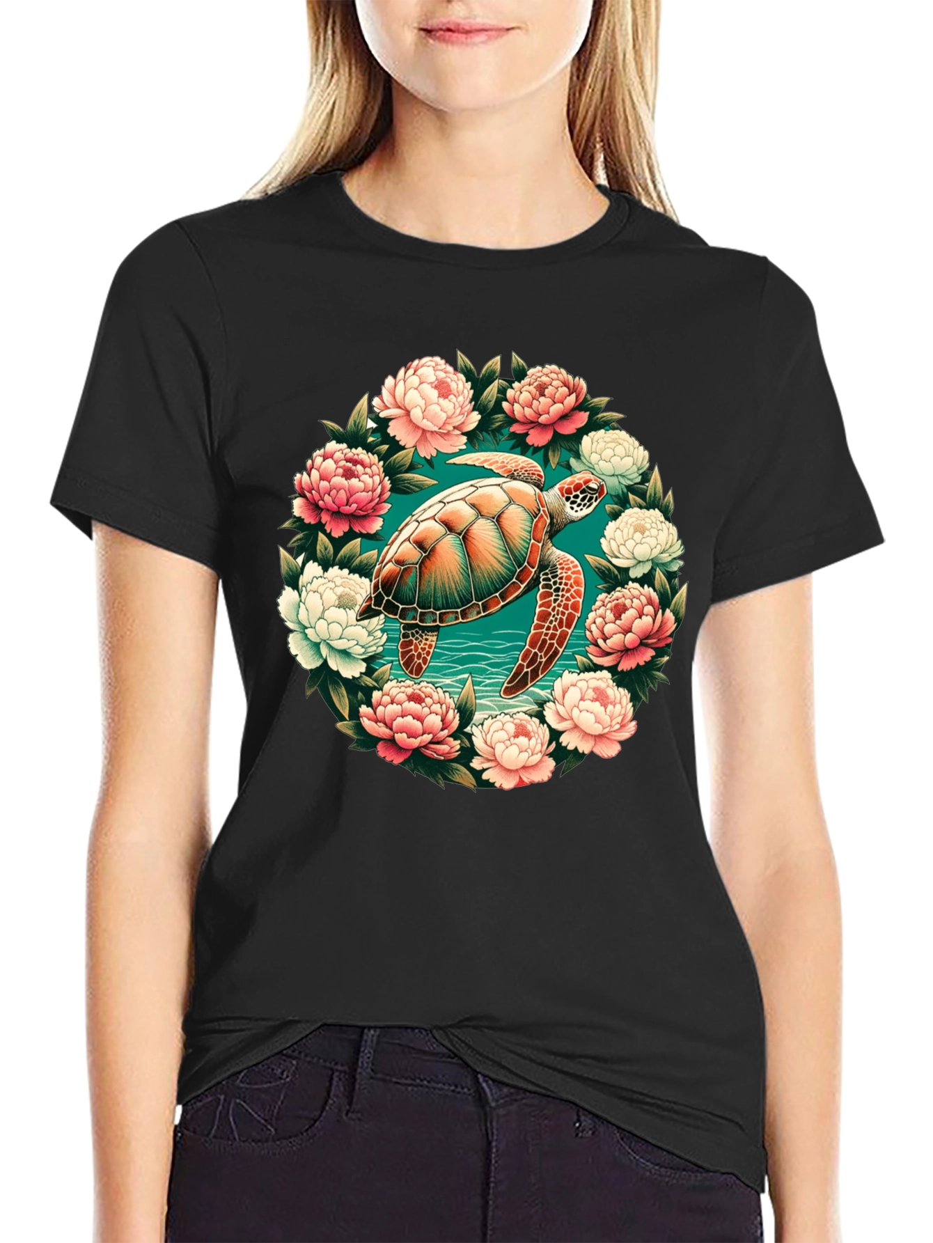 Sea Turtle Floral Wreath Graphic Tee - Black