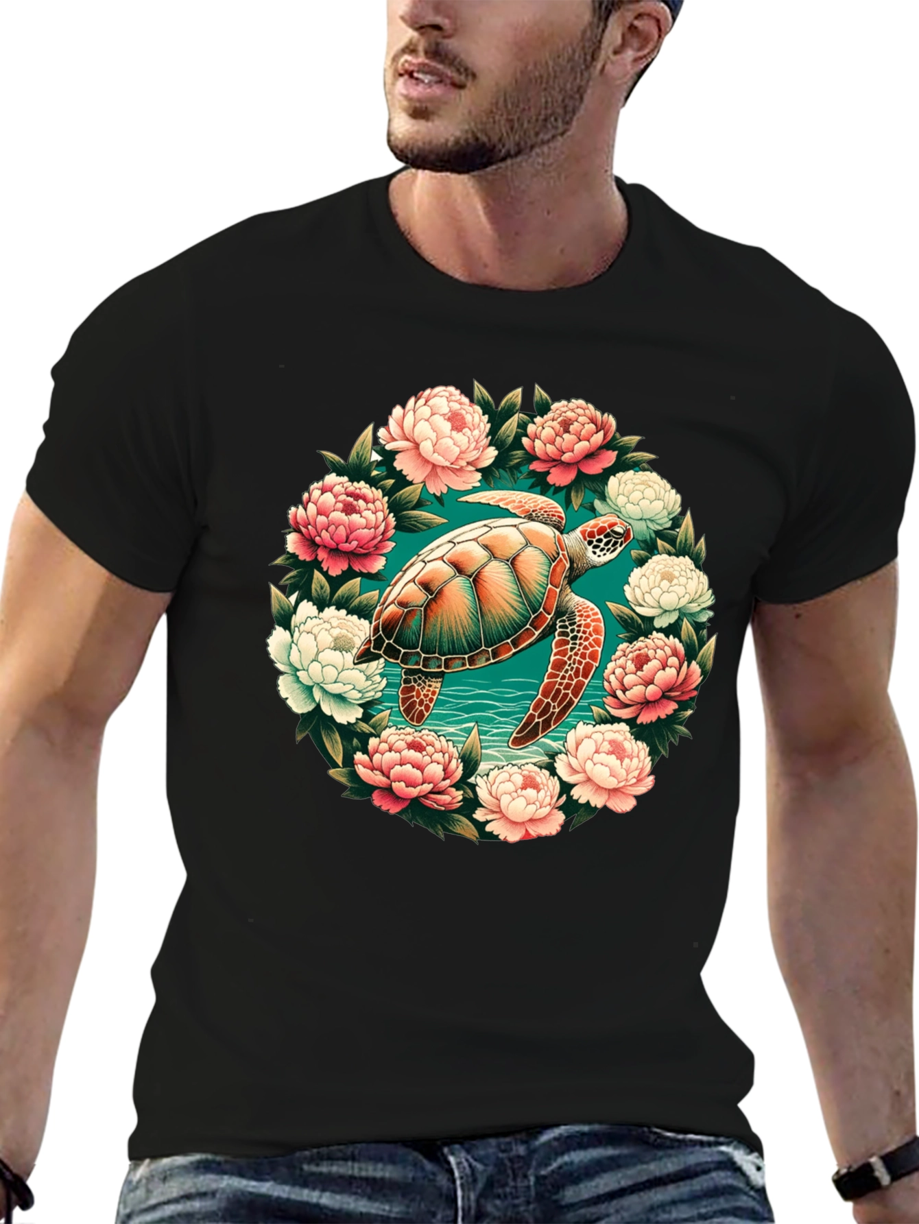 Sea Turtle Floral Wreath Graphic Tee - Black