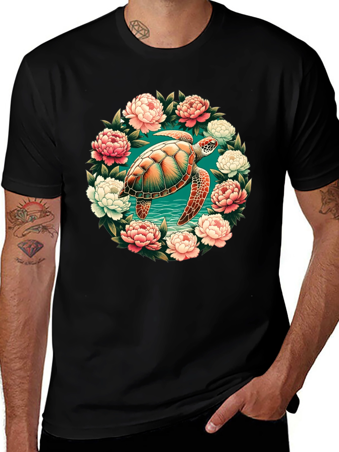 Sea Turtle Floral Wreath Graphic Tee - Black