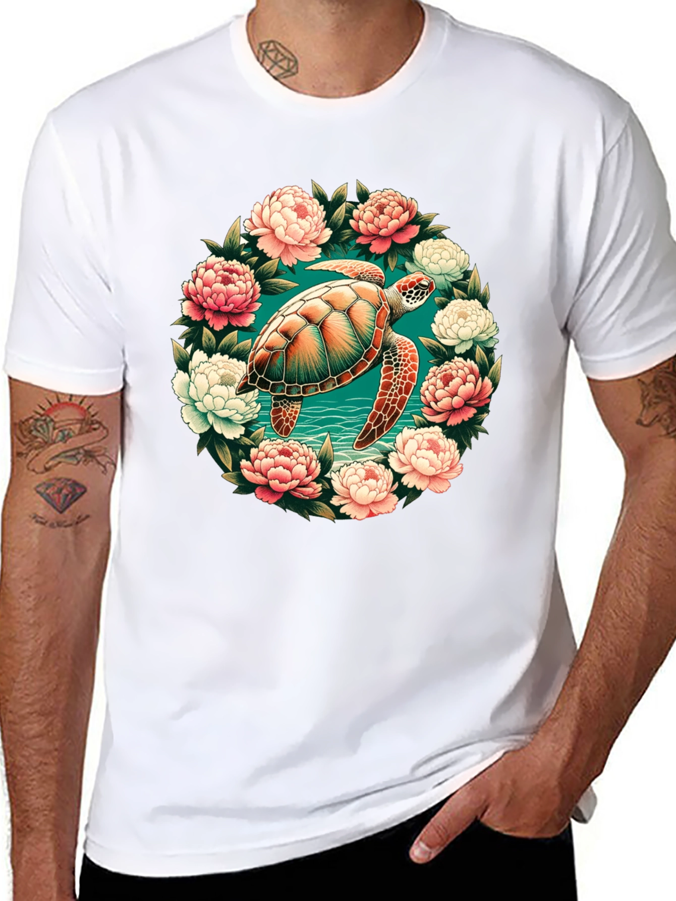 Sea Turtle Floral Wreath Graphic Tee - Black