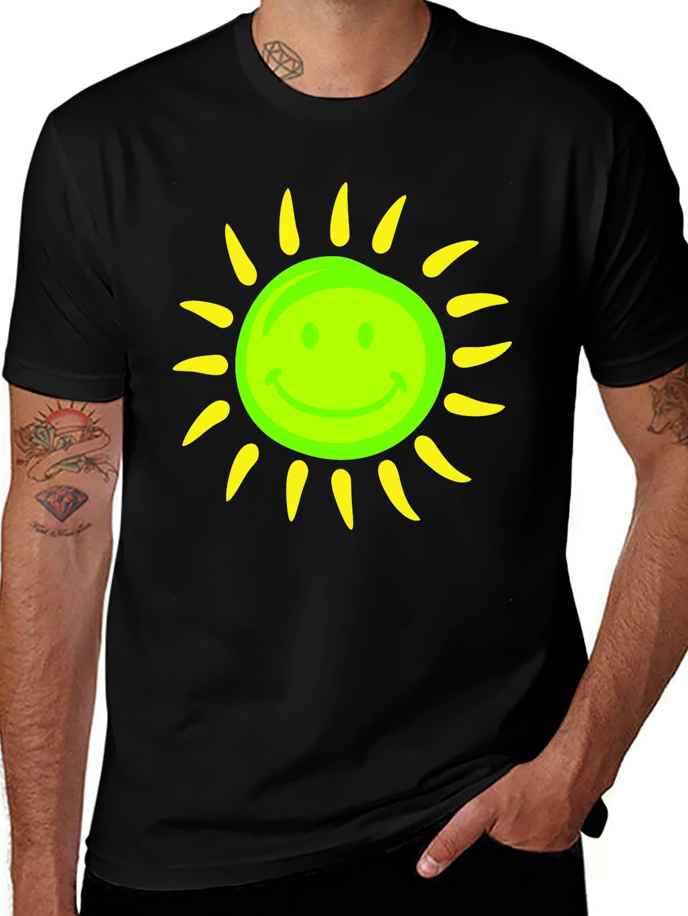 Smiley Sun Graphic Tee - Black Casual T-Shirt