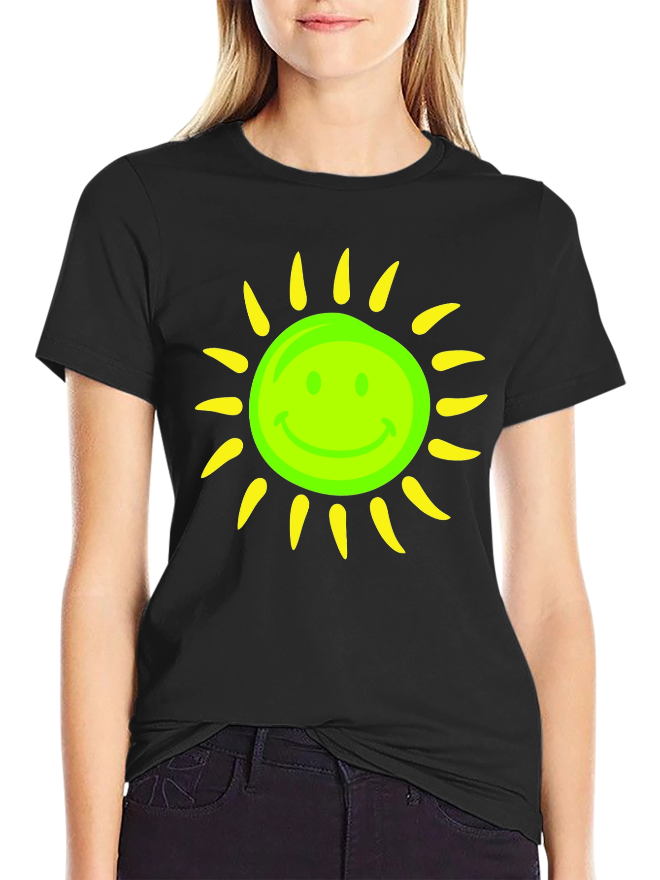 Smiley Sun Graphic Tee - Black Casual T-Shirt