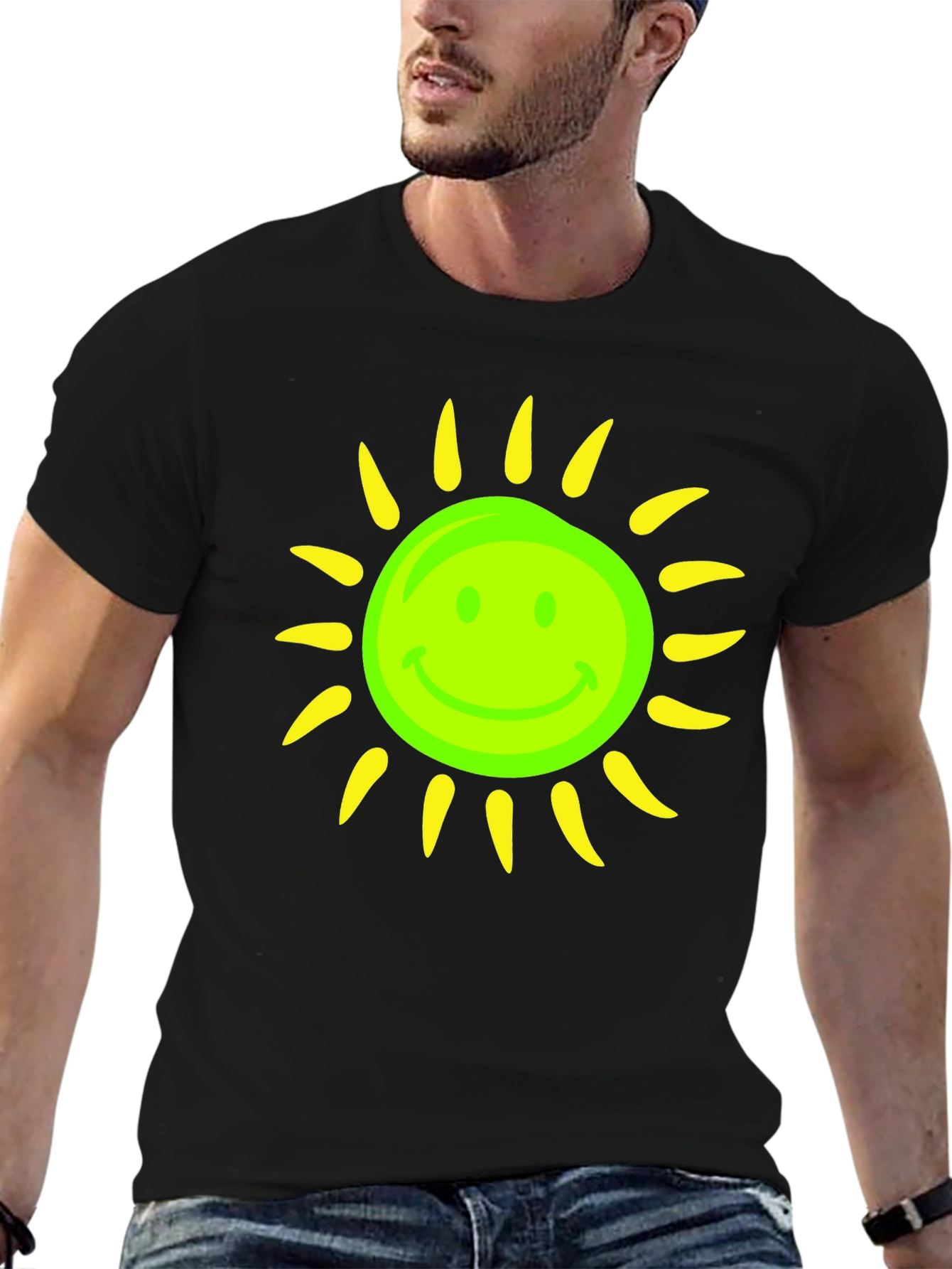 Smiley Sun Graphic Tee - Black Casual T-Shirt