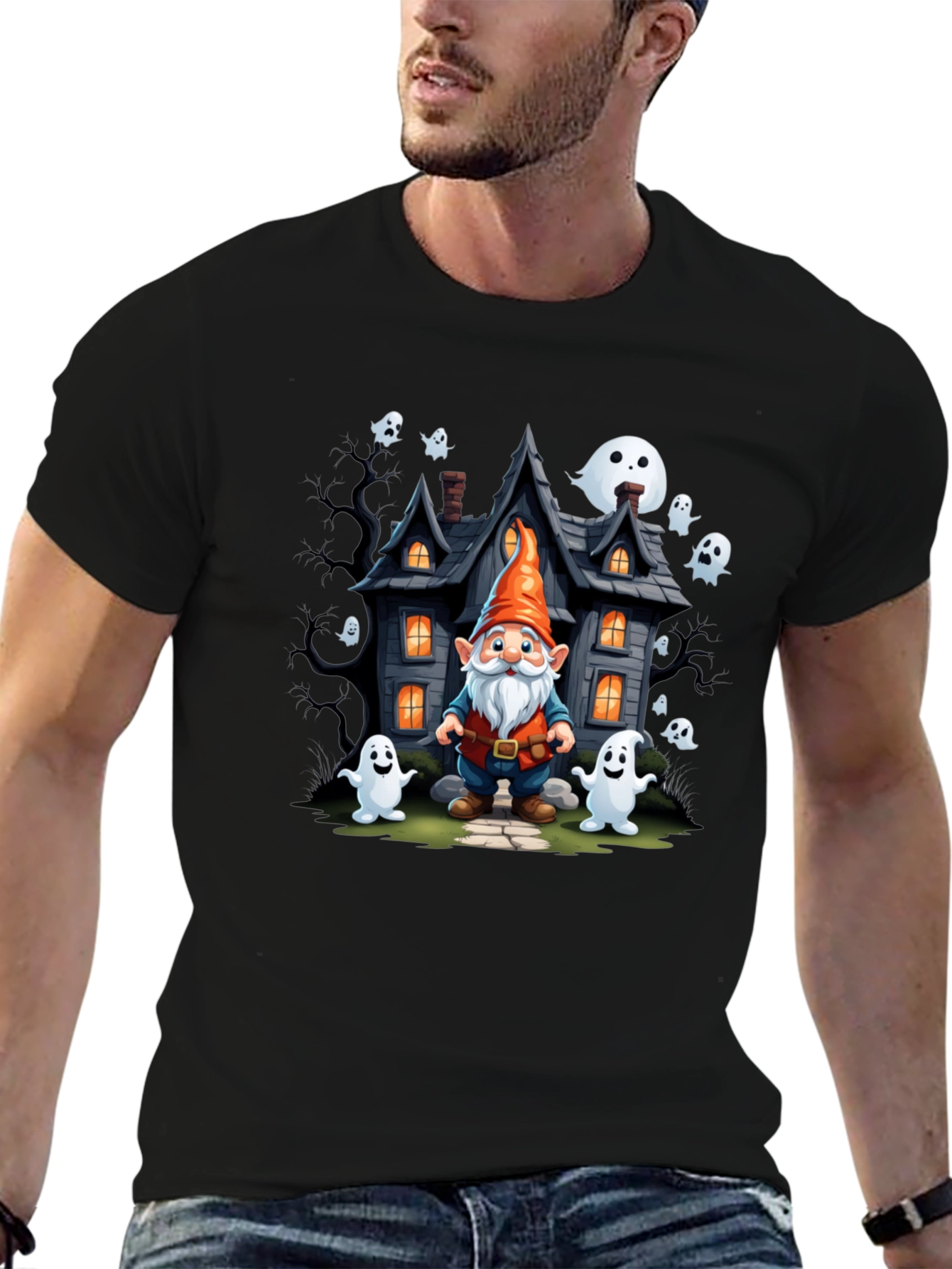 Halloween Gnome T-Shirt Spooky Ghost House Design