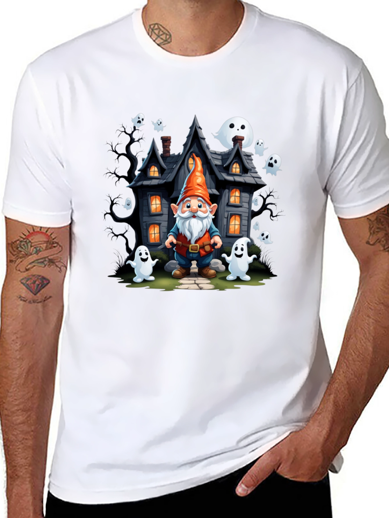 Halloween Gnome T-Shirt Spooky Ghost House Design