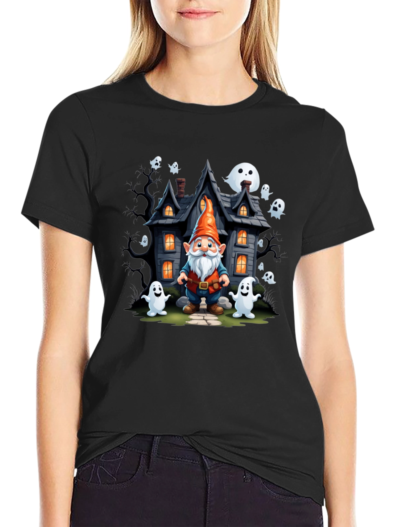 Halloween Gnome T-Shirt Spooky Ghost House Design