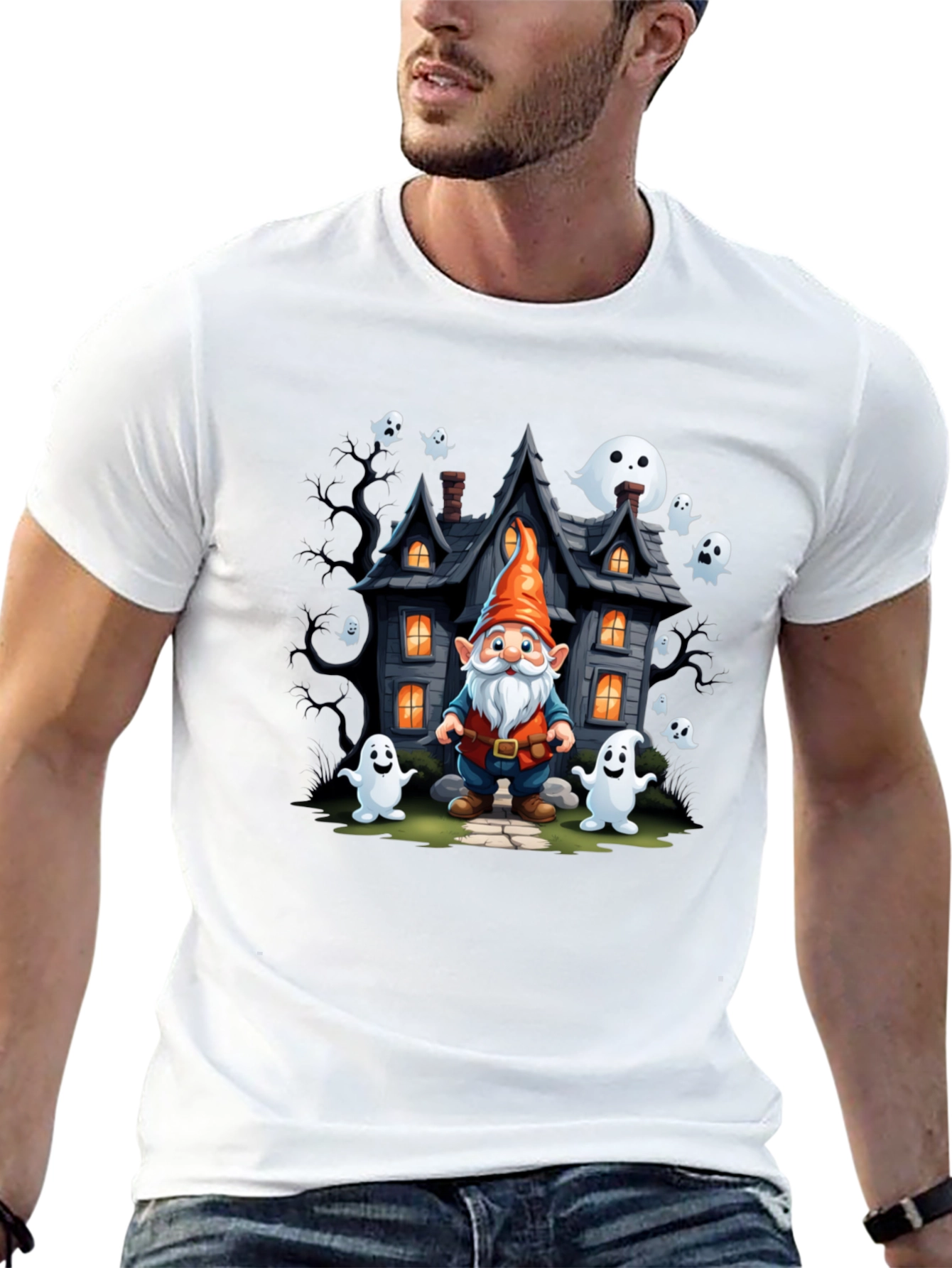 Halloween Gnome T-Shirt Spooky Ghost House Design