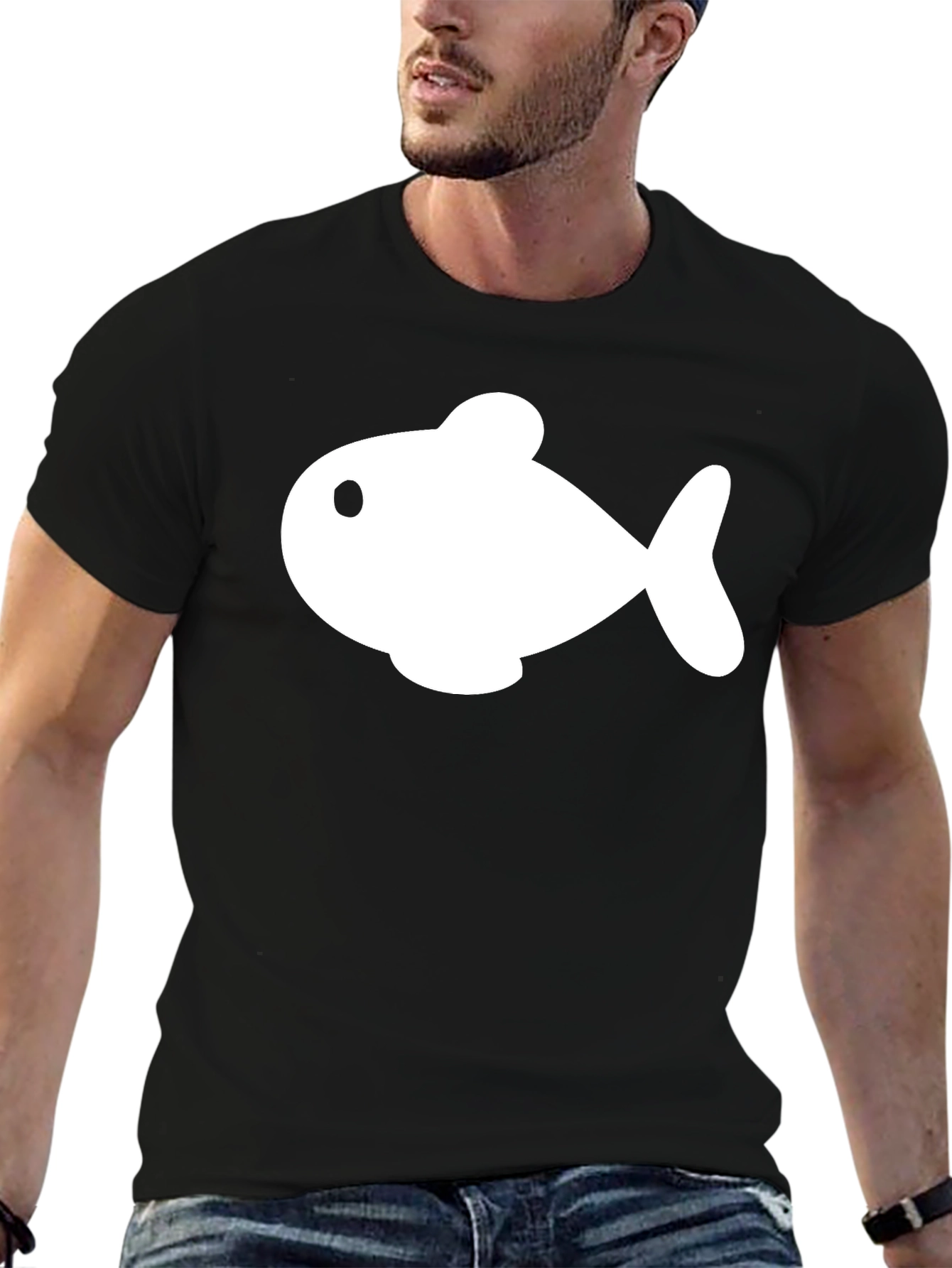 Cartoon Fish Graphic Tee - Black Cotton Blend