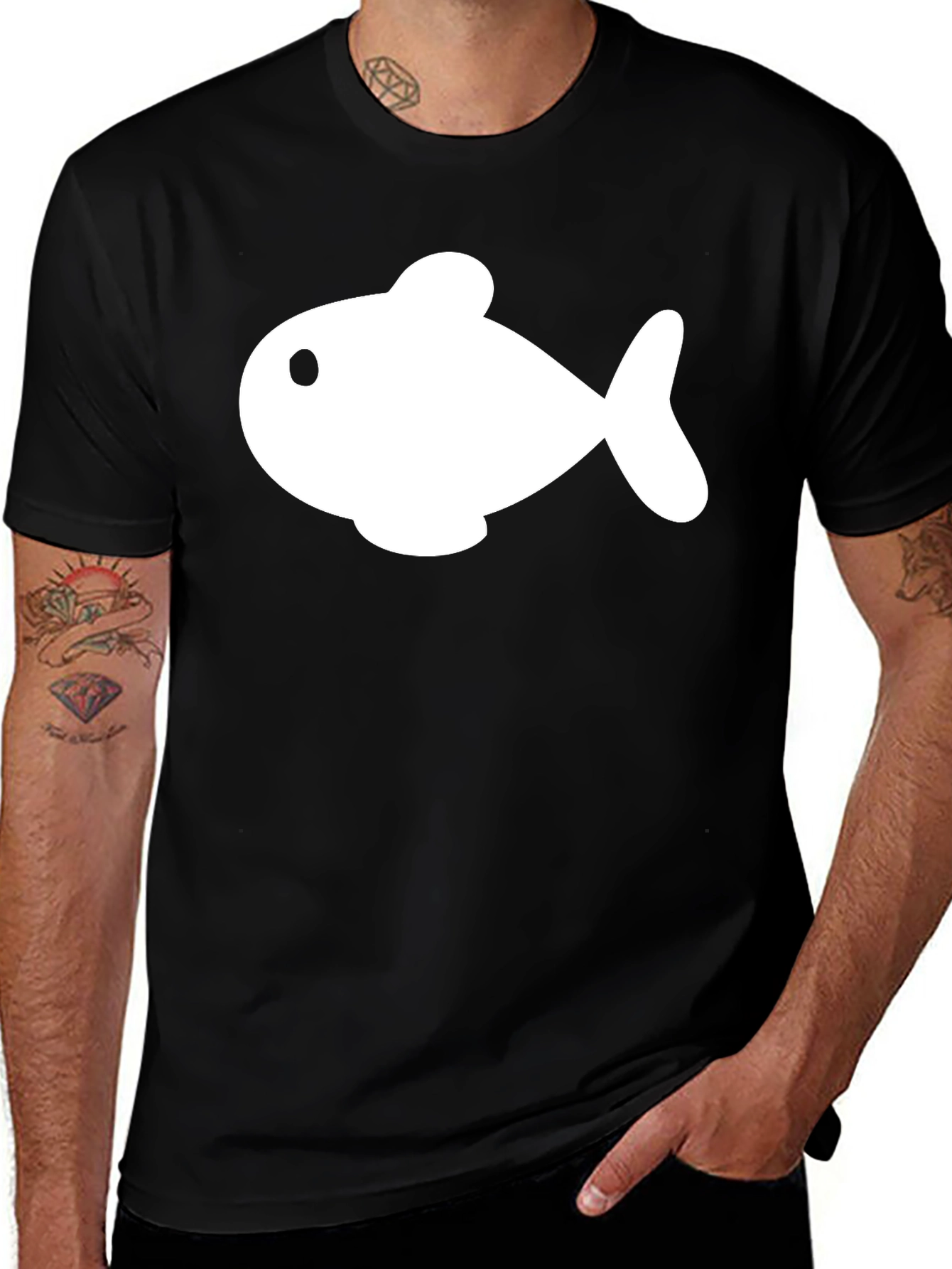 Cartoon Fish Graphic Tee - Black Cotton Blend