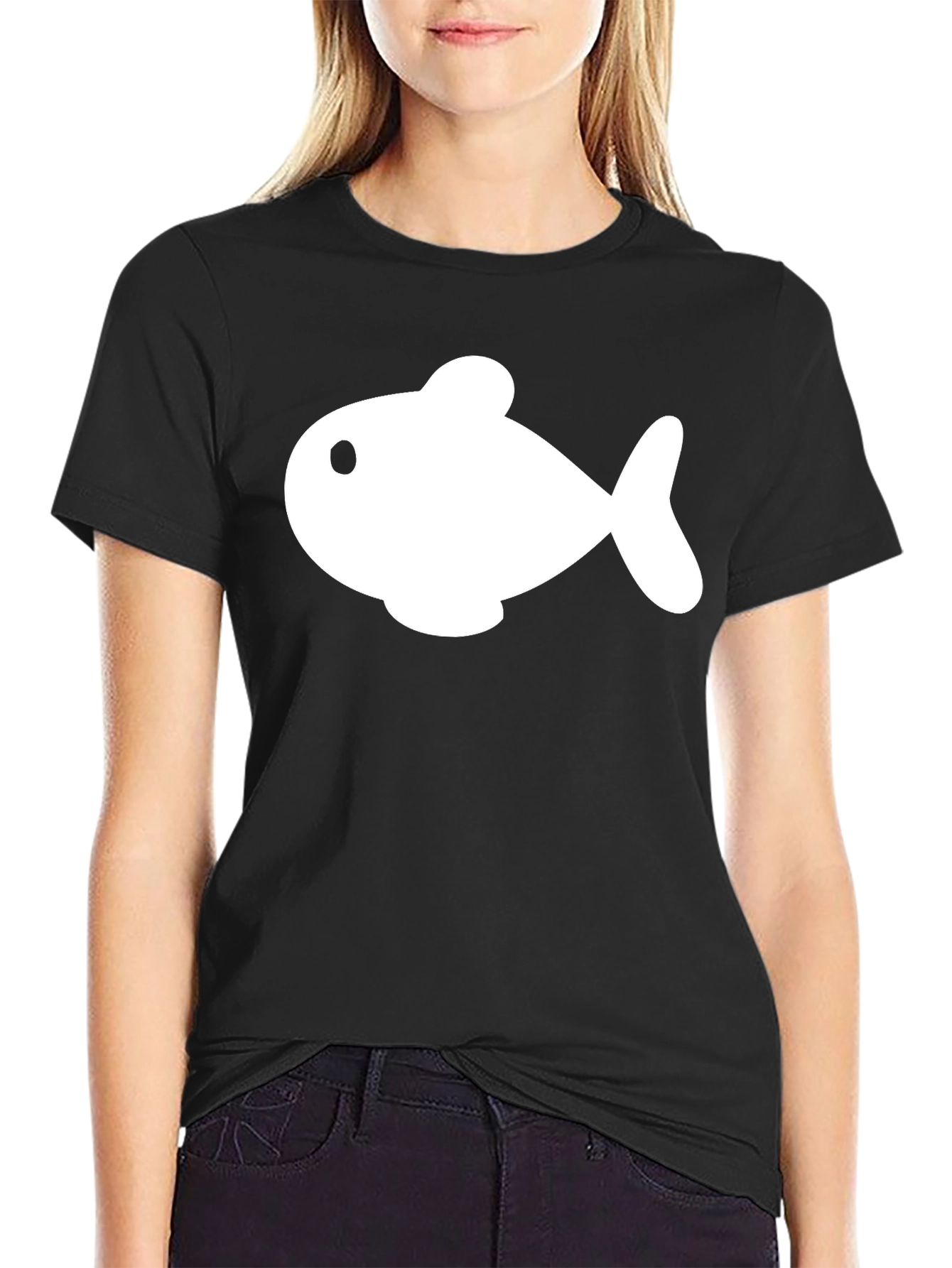 Cartoon Fish Graphic Tee - Black Cotton Blend