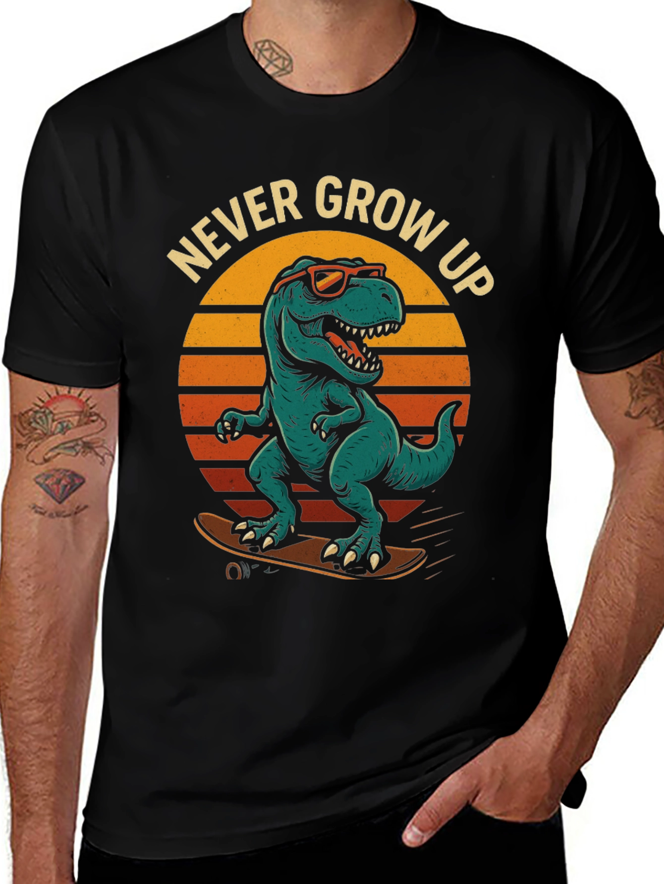 Never Grow Up Dinosaur Skateboard T-Shirt