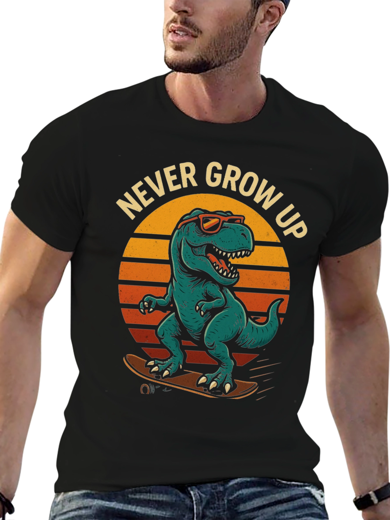 Never Grow Up Dinosaur Skateboard T-Shirt