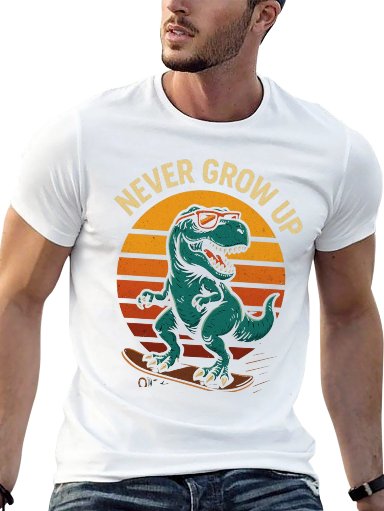 Never Grow Up Dinosaur Skateboard T-Shirt