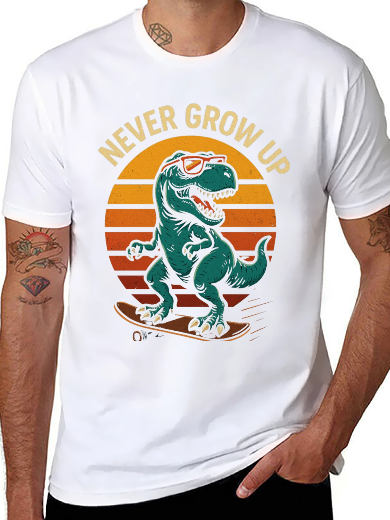 Never Grow Up Dinosaur Skateboard T-Shirt
