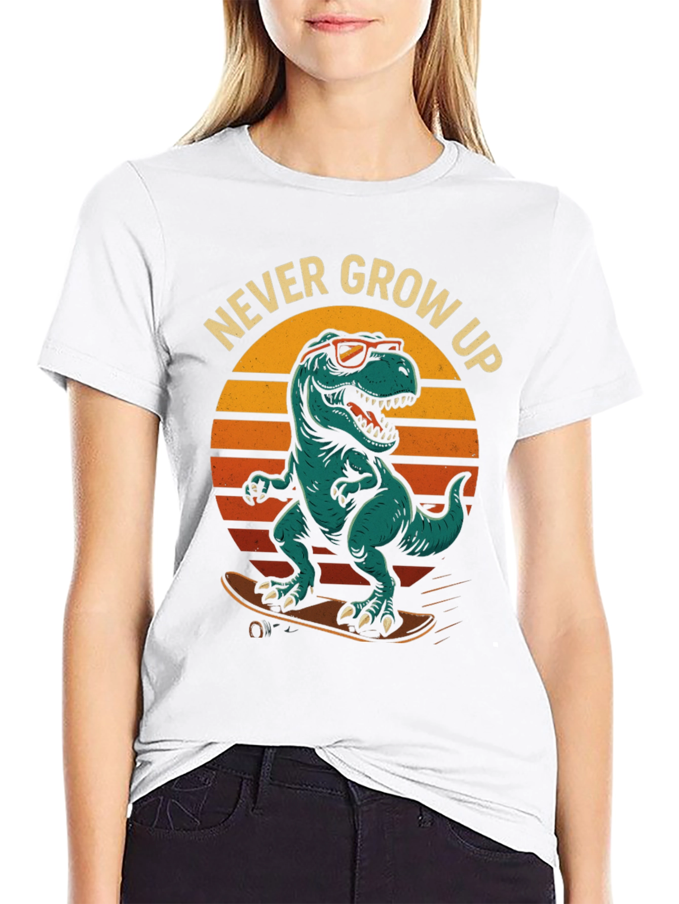 Never Grow Up Dinosaur Skateboard T-Shirt