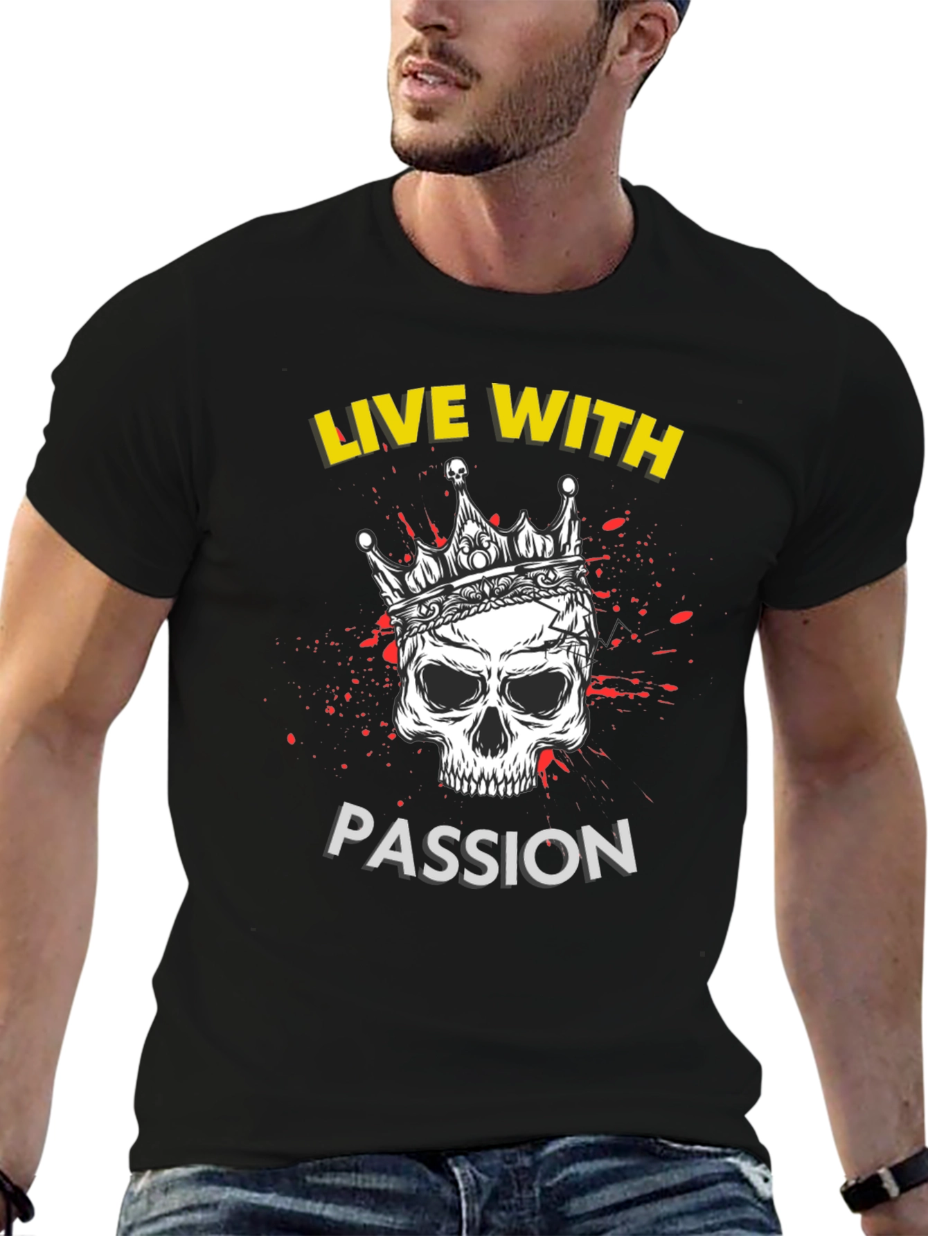 Live With Passion Skull Graphic Tee - Black