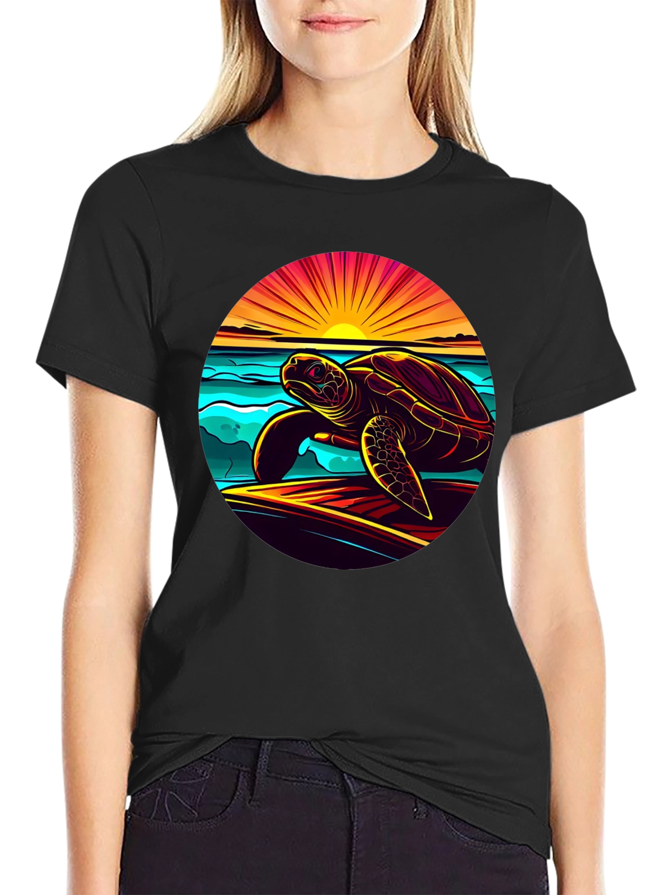 Sunset Turtle Graphic Tee - Beach Style