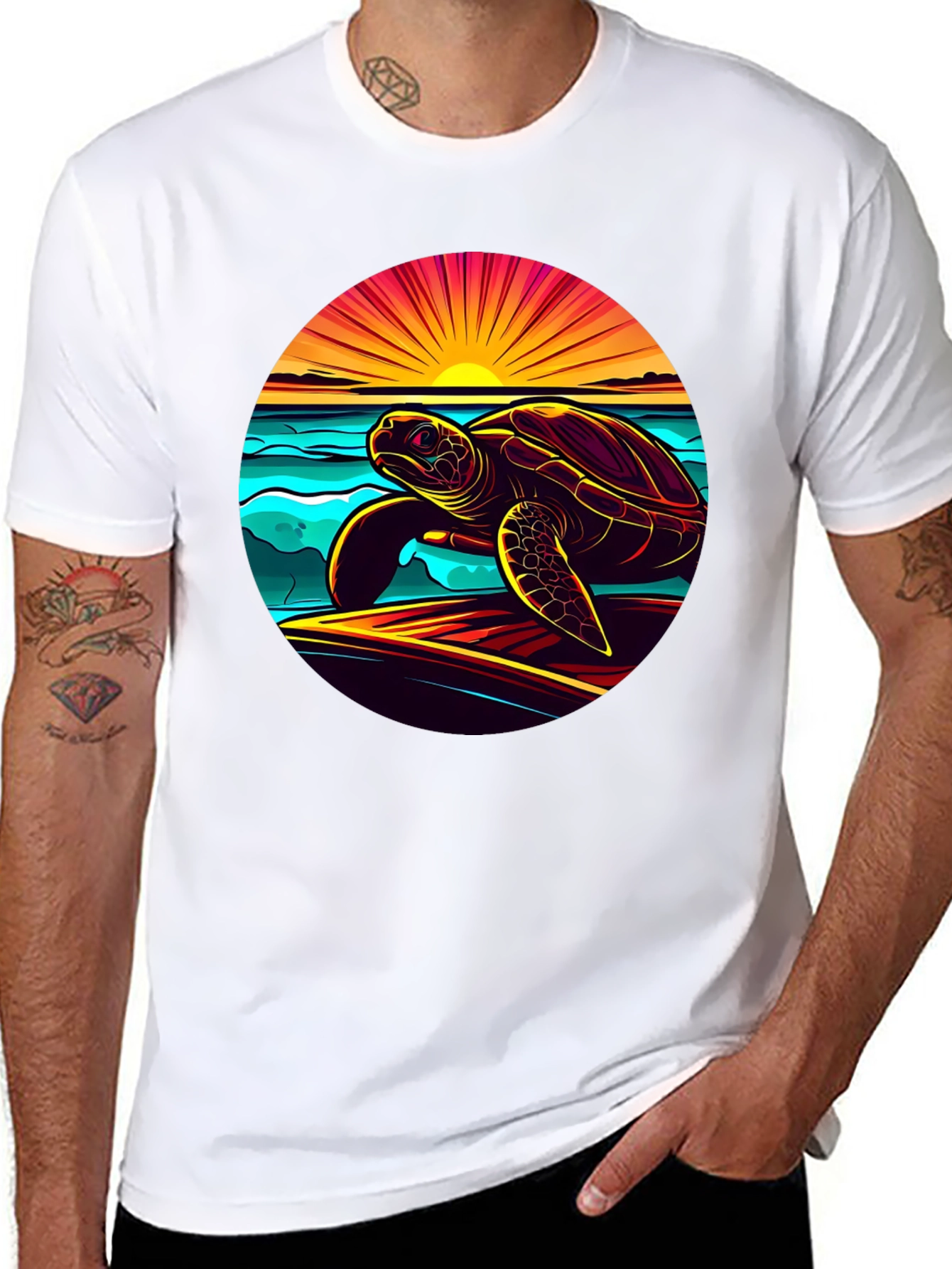 Sunset Turtle Graphic Tee - Beach Style