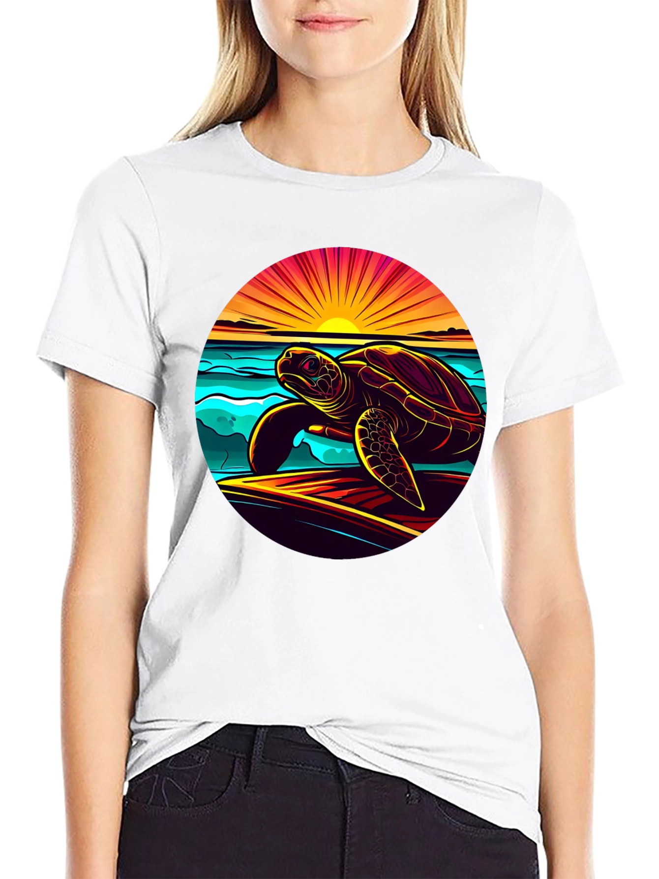 Sunset Turtle Graphic Tee - Beach Style