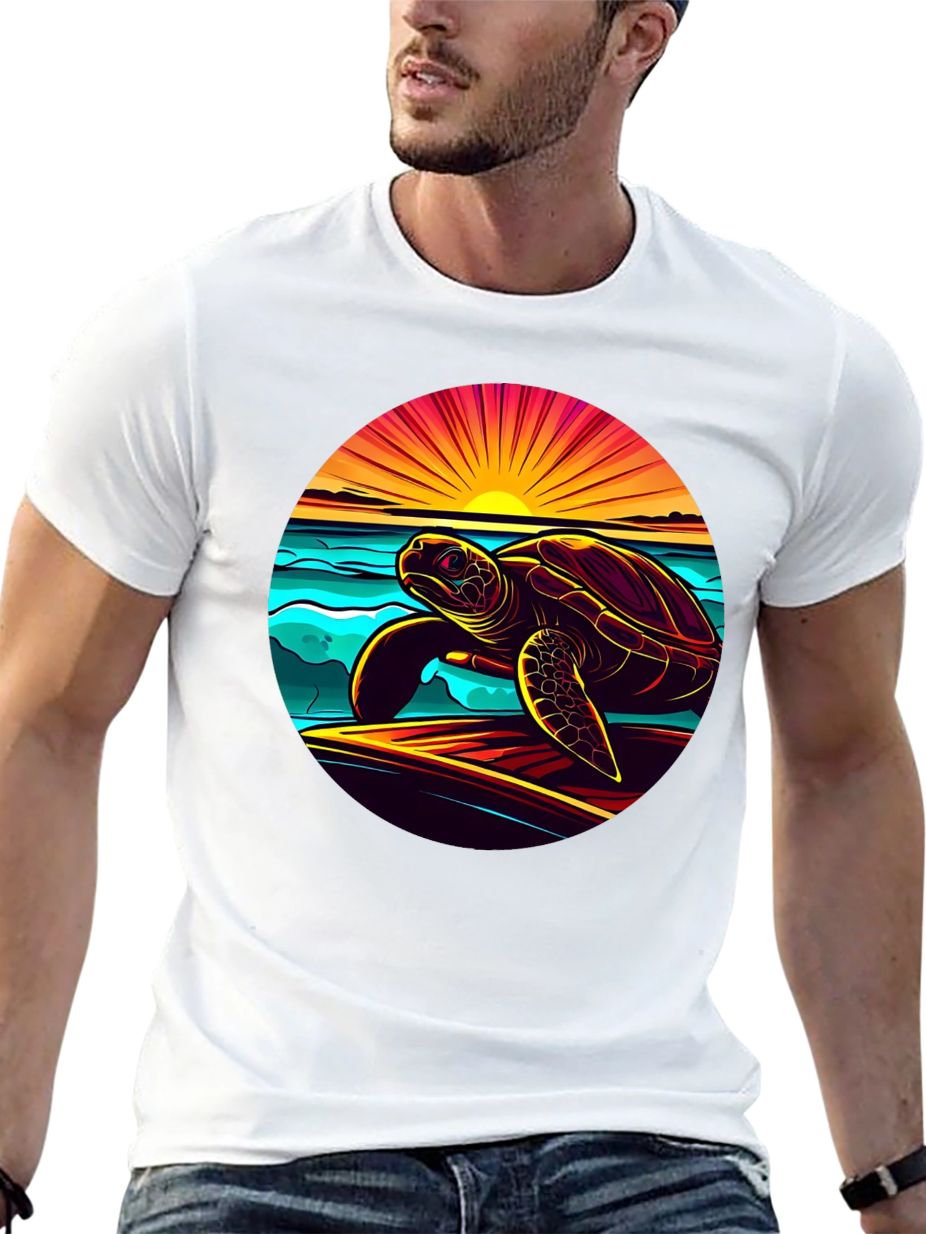 Sunset Turtle Graphic Tee - Beach Style