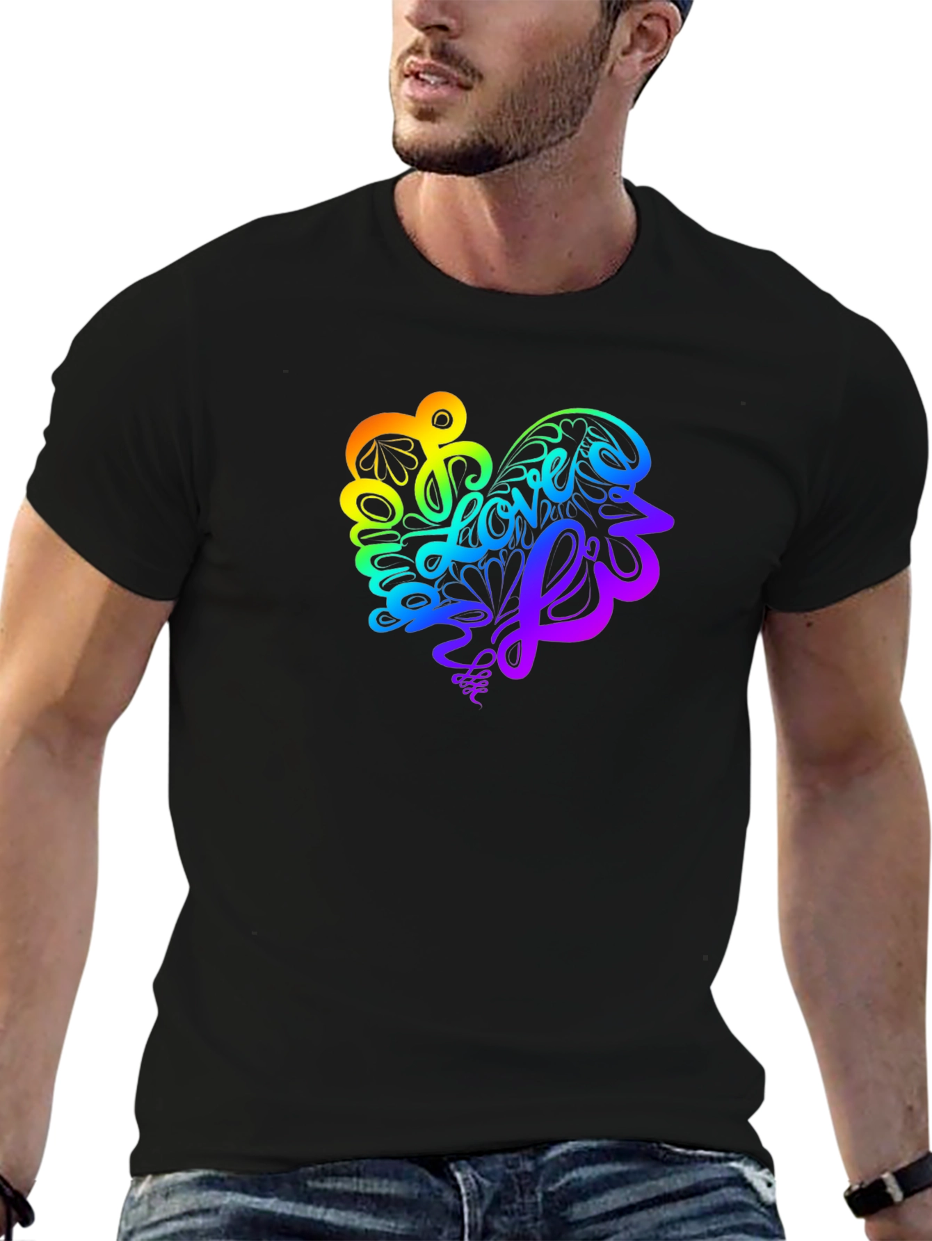 Rainbow Love Heart Graphic Tee - Stylish Black T-Shirt