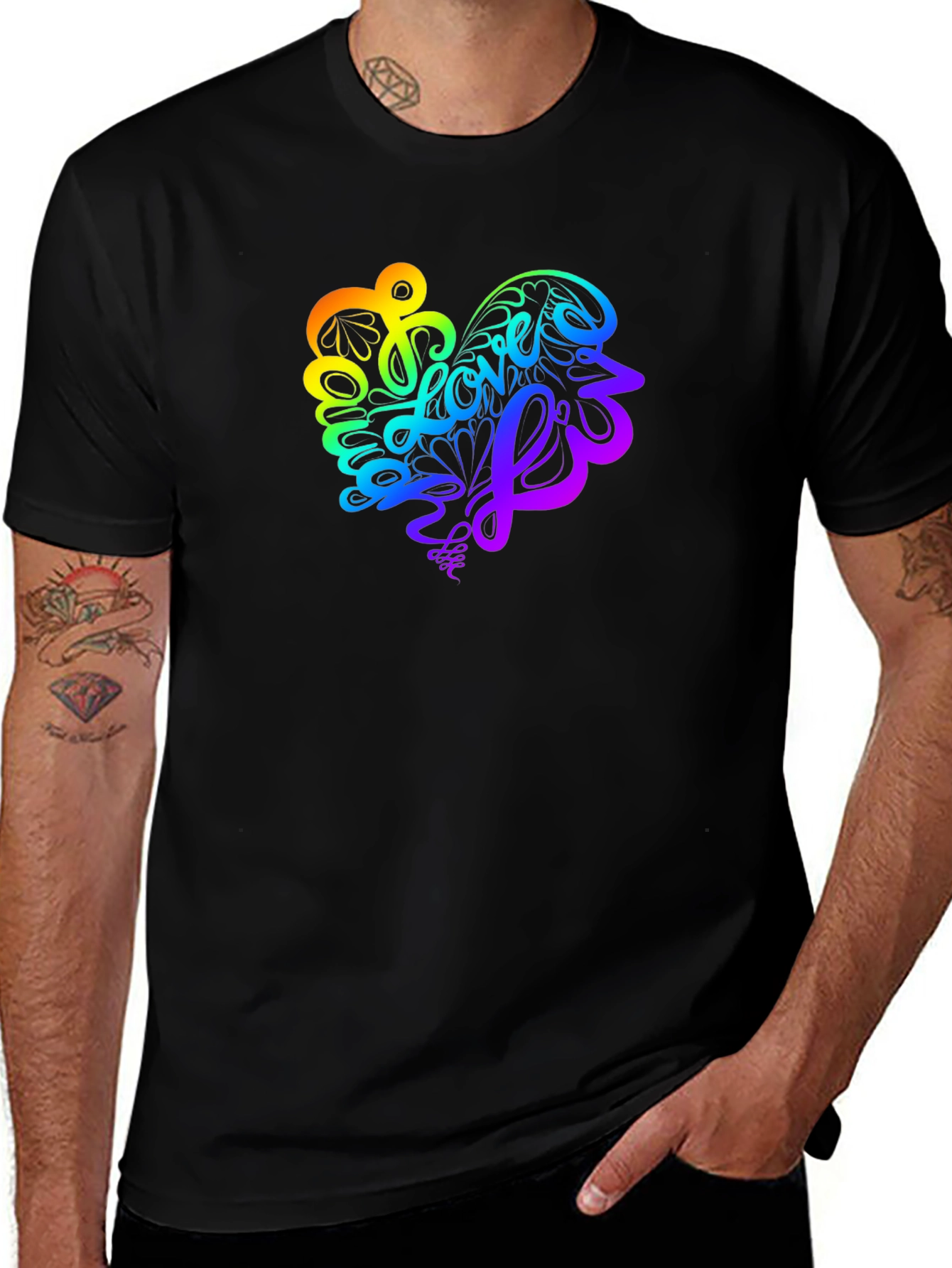Rainbow Love Heart Graphic Tee - Stylish Black T-Shirt