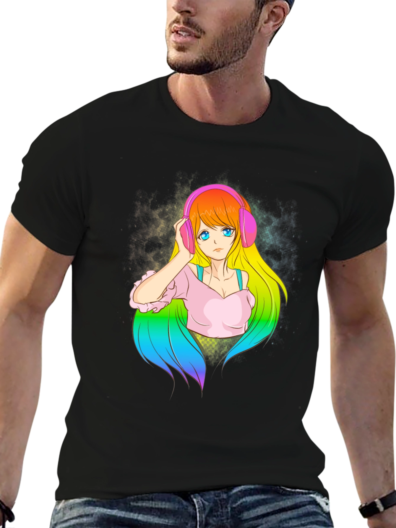 Anime Girl with Headphones Graphic T-Shirt