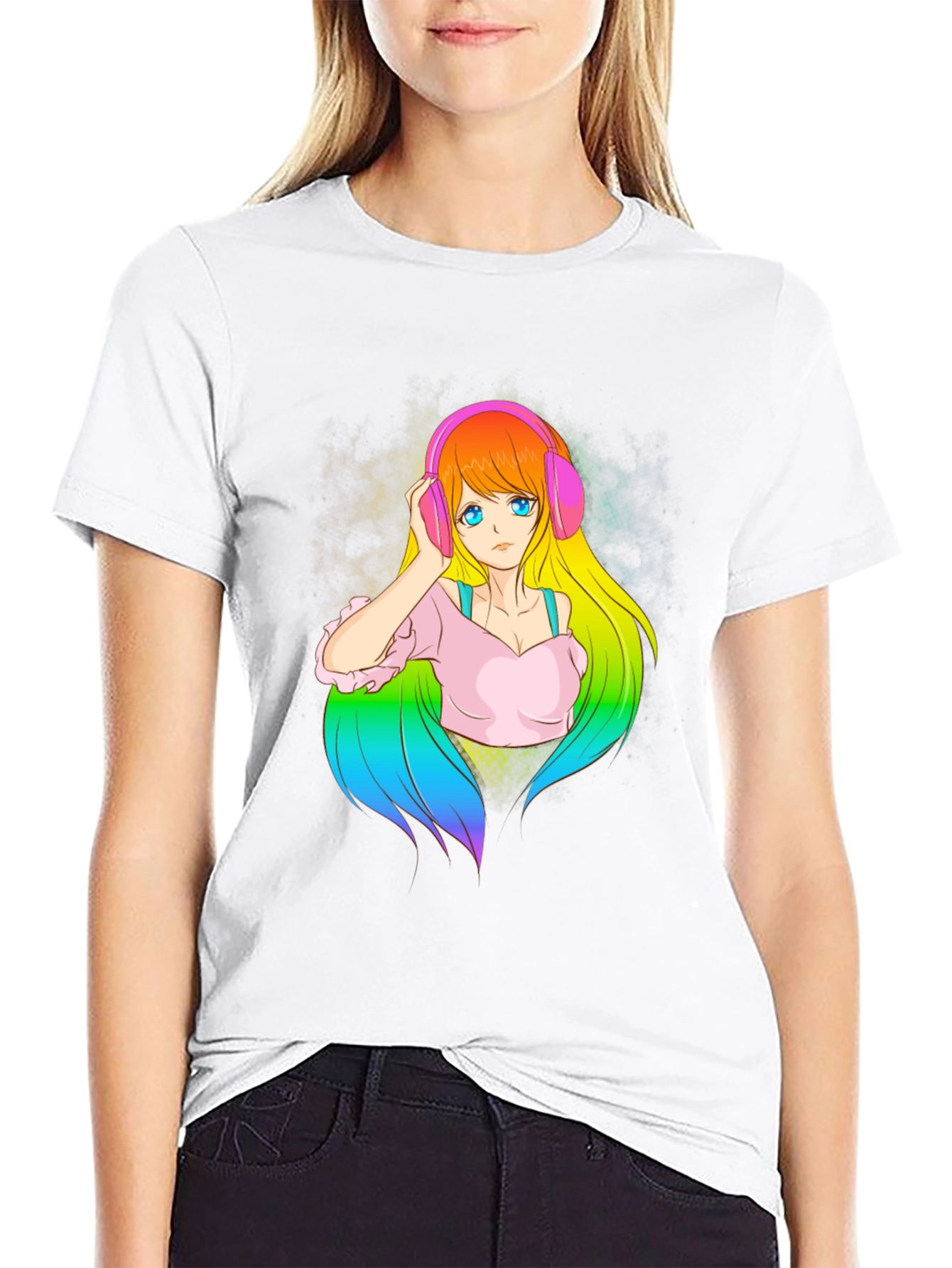 Anime Girl with Headphones Graphic T-Shirt