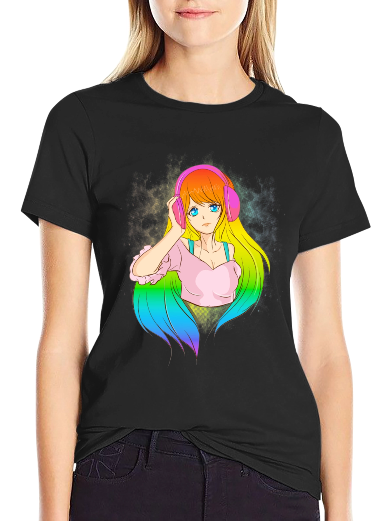 Anime Girl with Headphones Graphic T-Shirt
