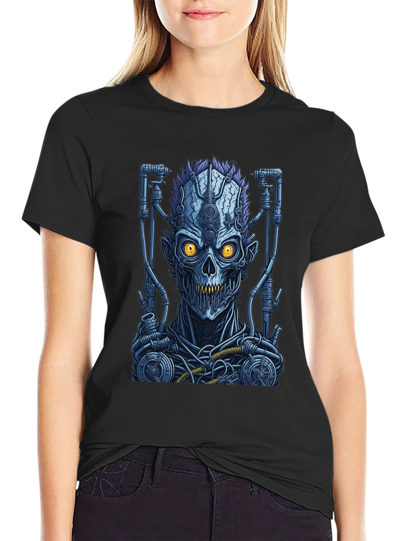 Cyberpunk Skull Graphic T-Shirt - Robot Zombie Design