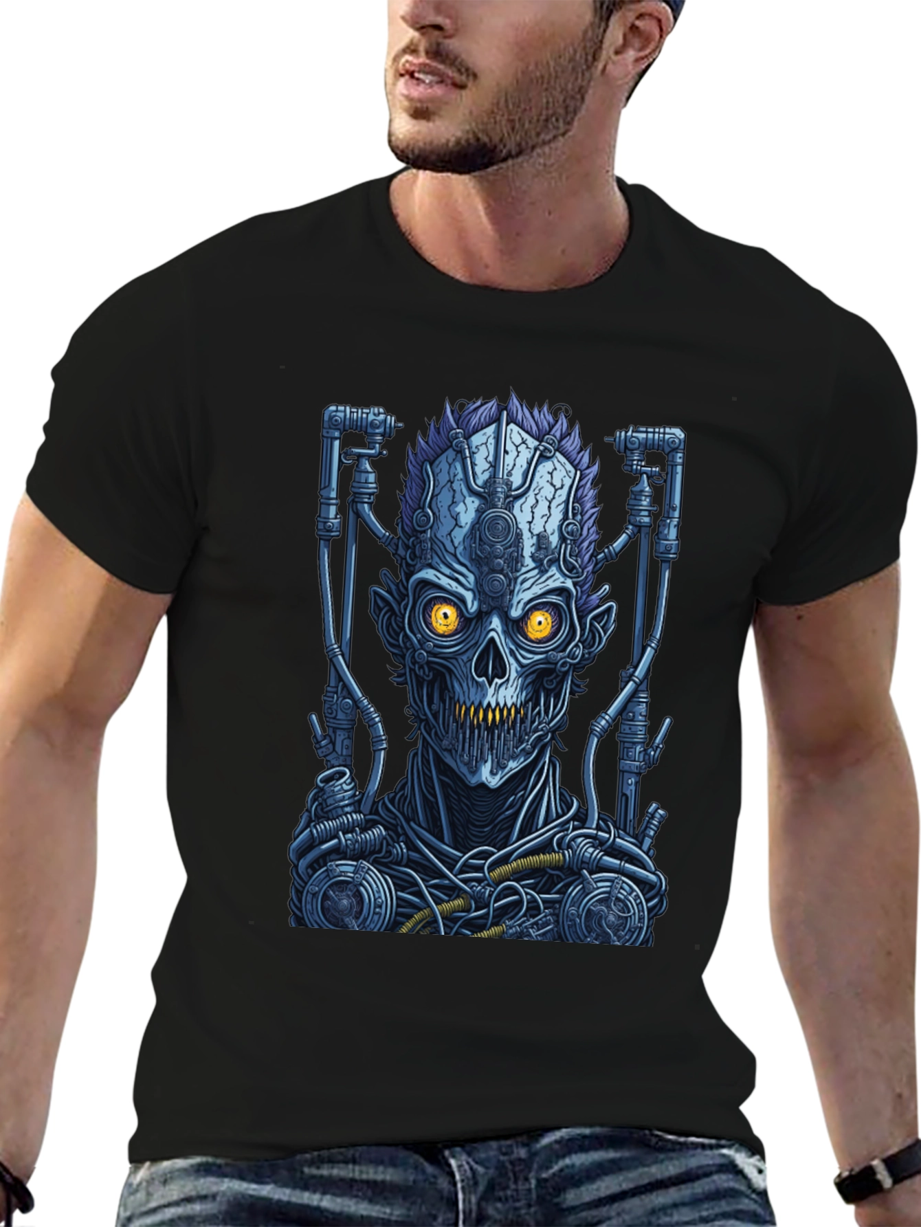 Cyberpunk Skull Graphic T-Shirt - Robot Zombie Design