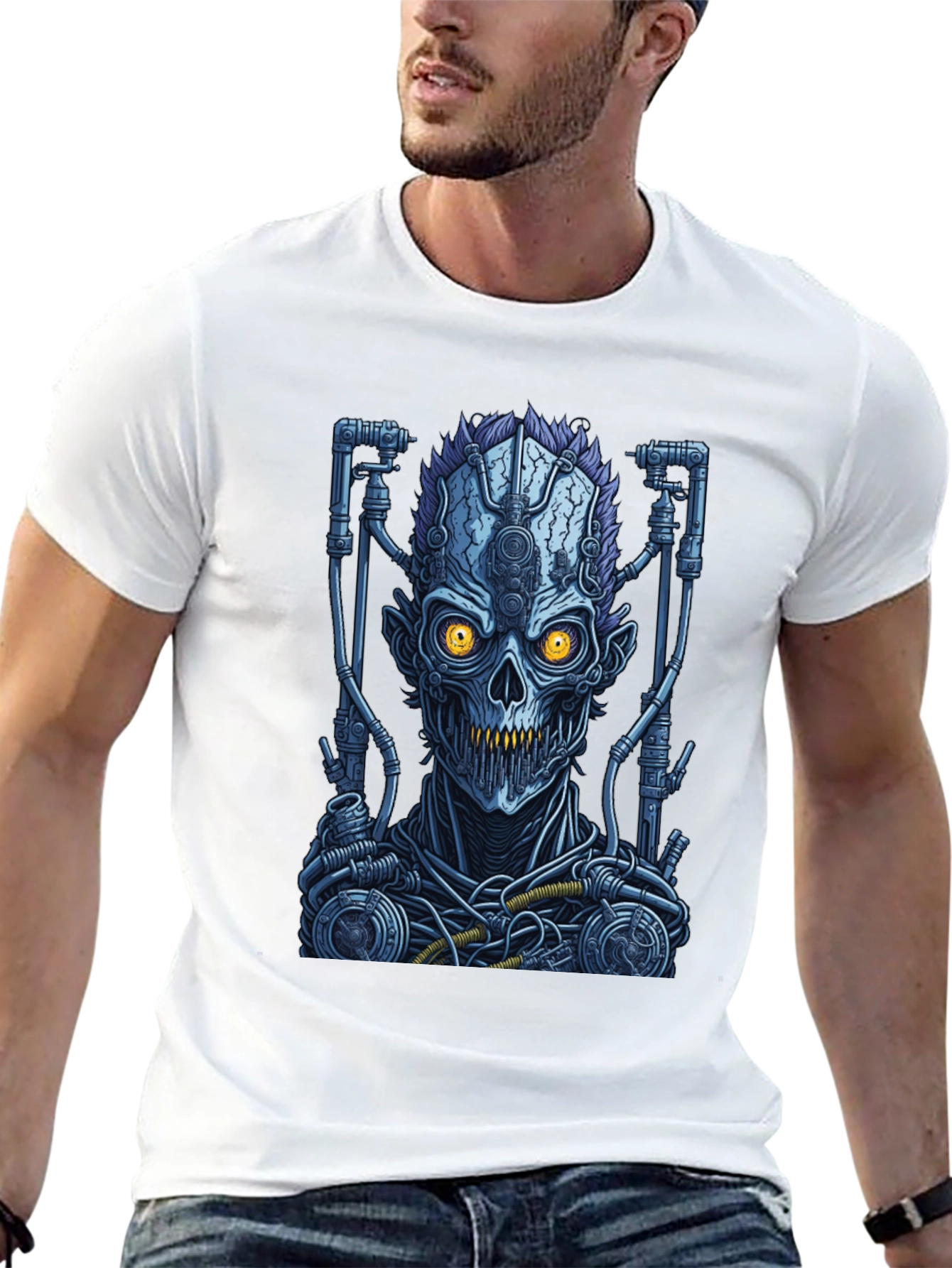 Cyberpunk Skull Graphic T-Shirt - Robot Zombie Design