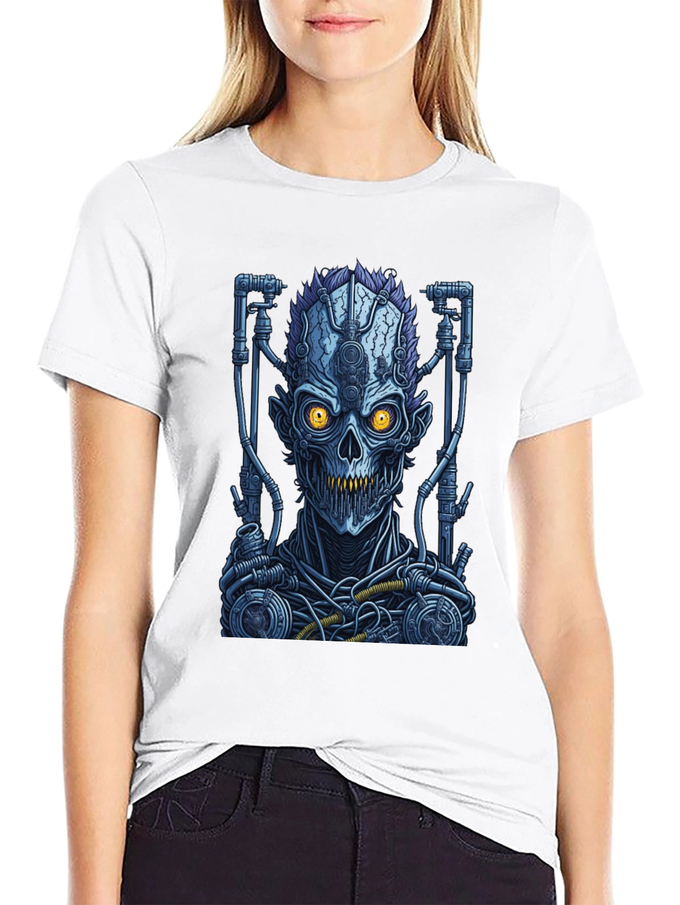 Cyberpunk Skull Graphic T-Shirt - Robot Zombie Design