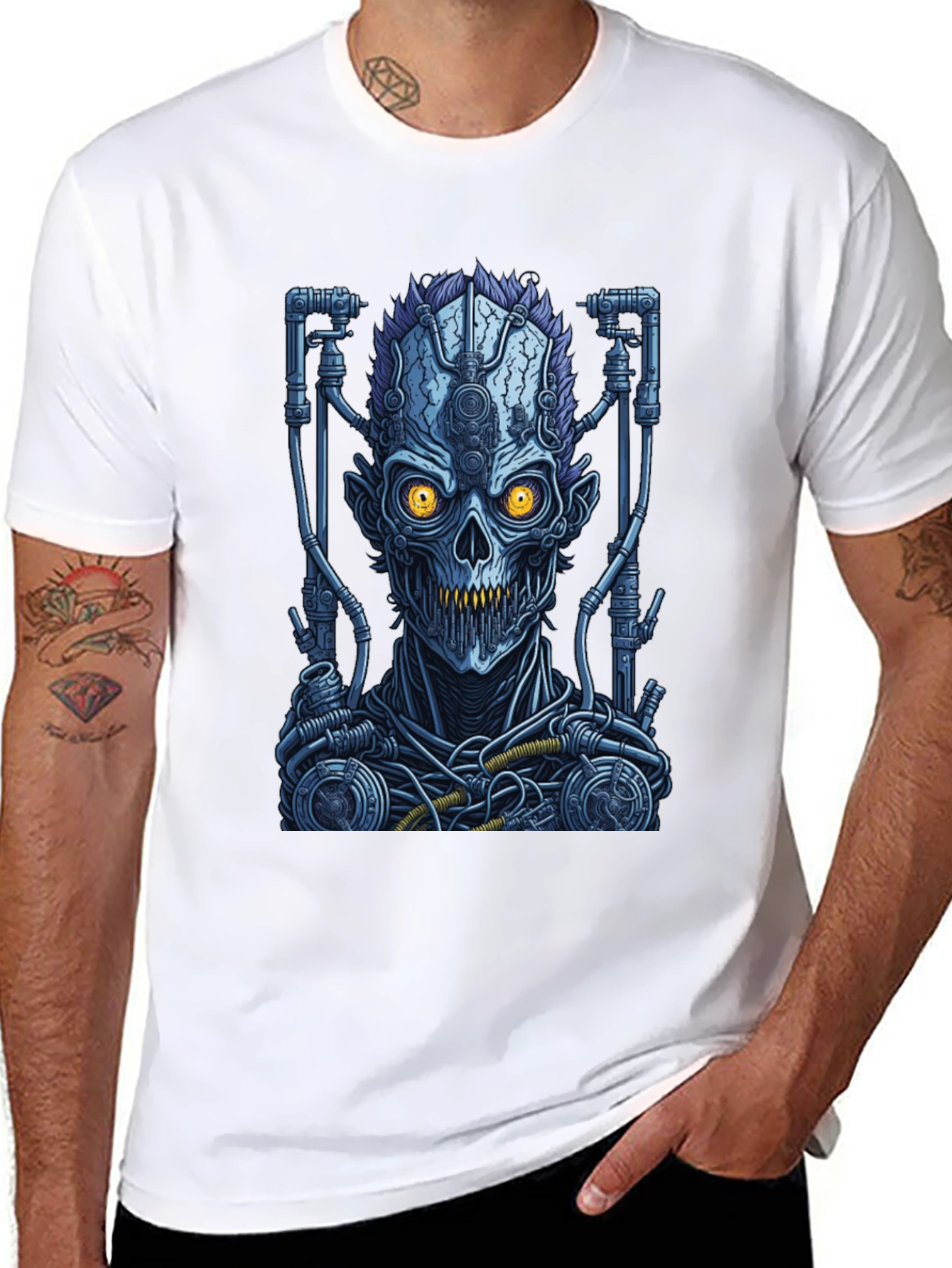 Cyberpunk Skull Graphic T-Shirt - Robot Zombie Design