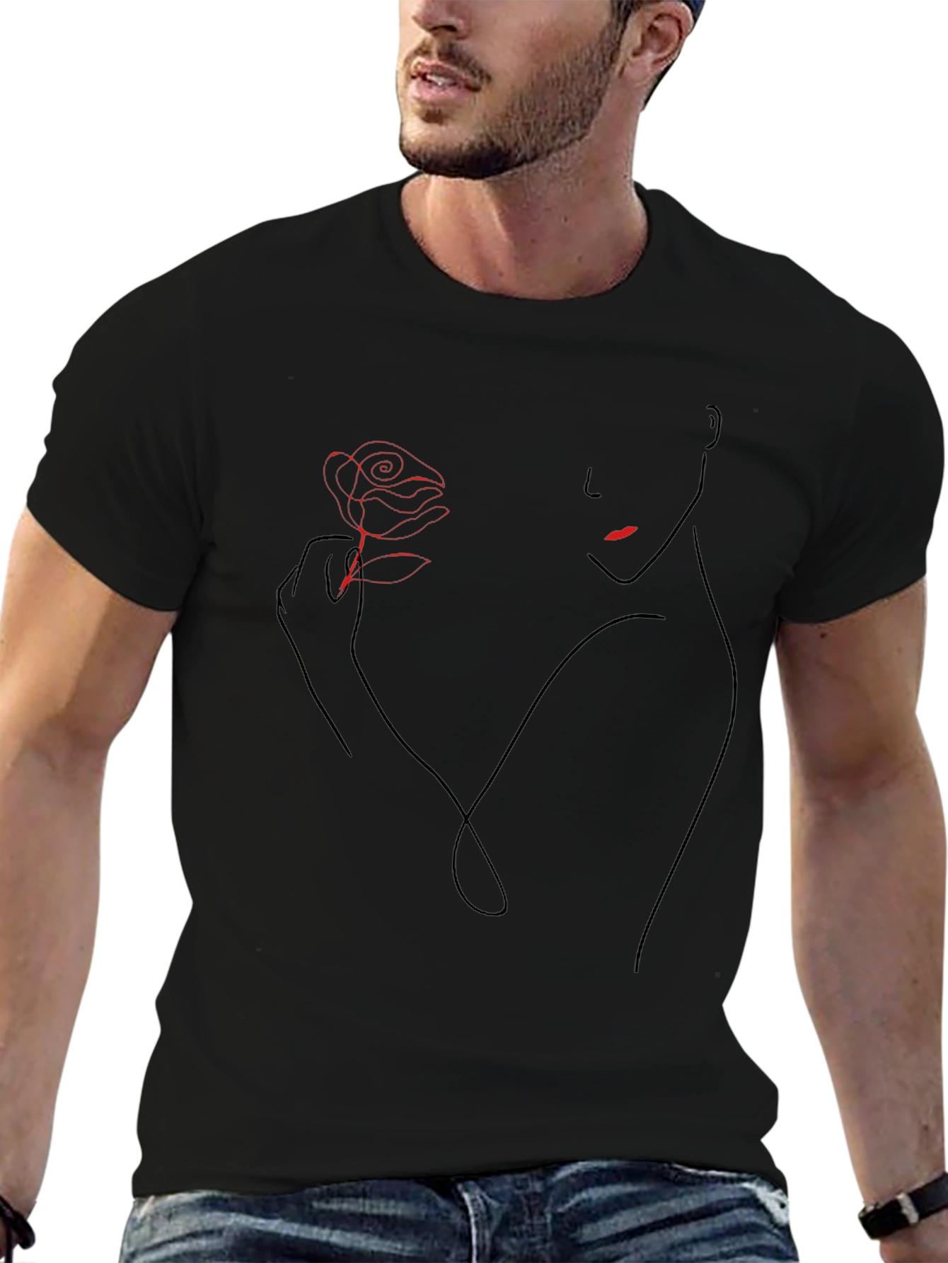 Elegant Rose Line Art Black T-Shirt