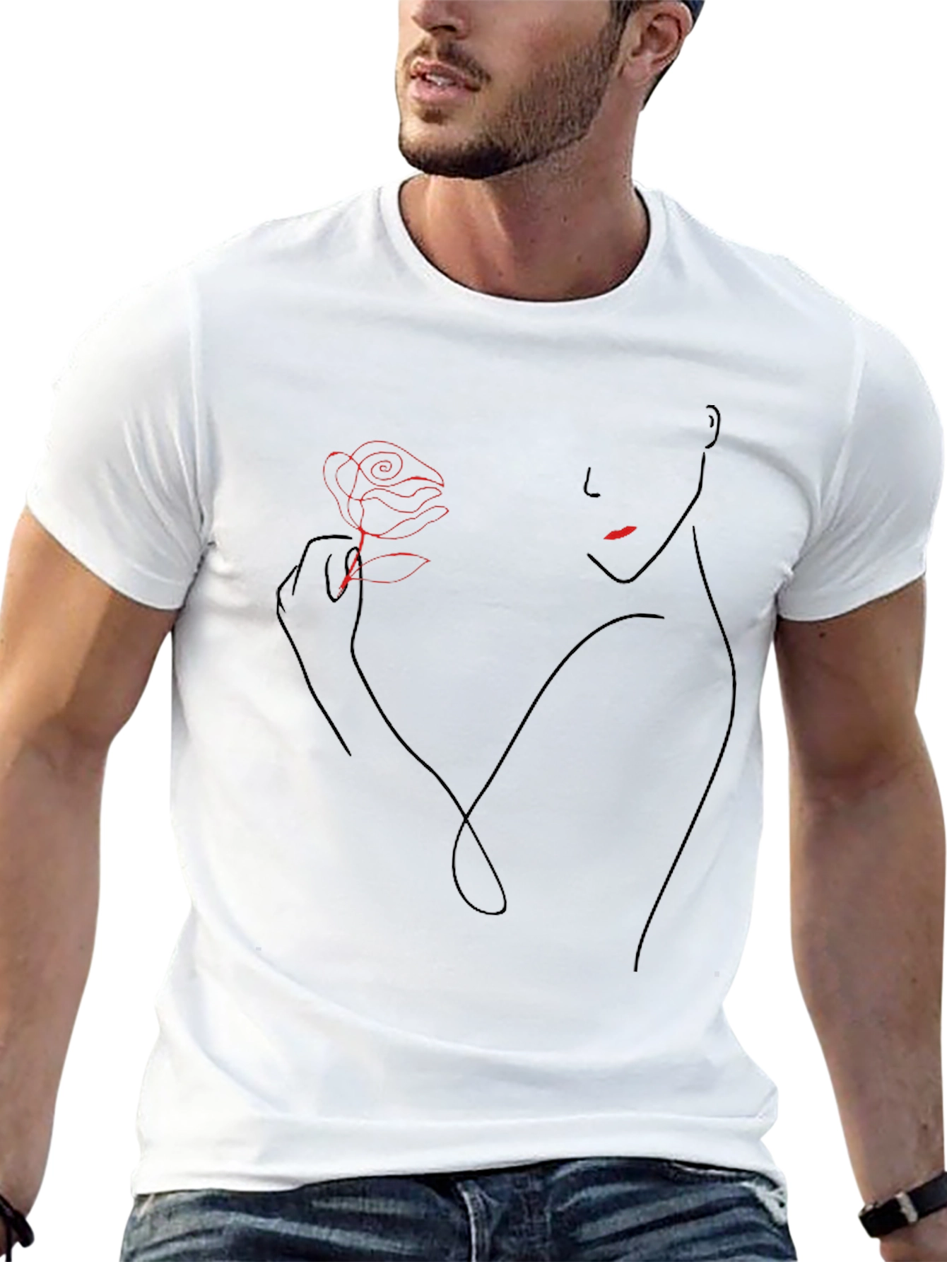 Elegant Rose Line Art Black T-Shirt