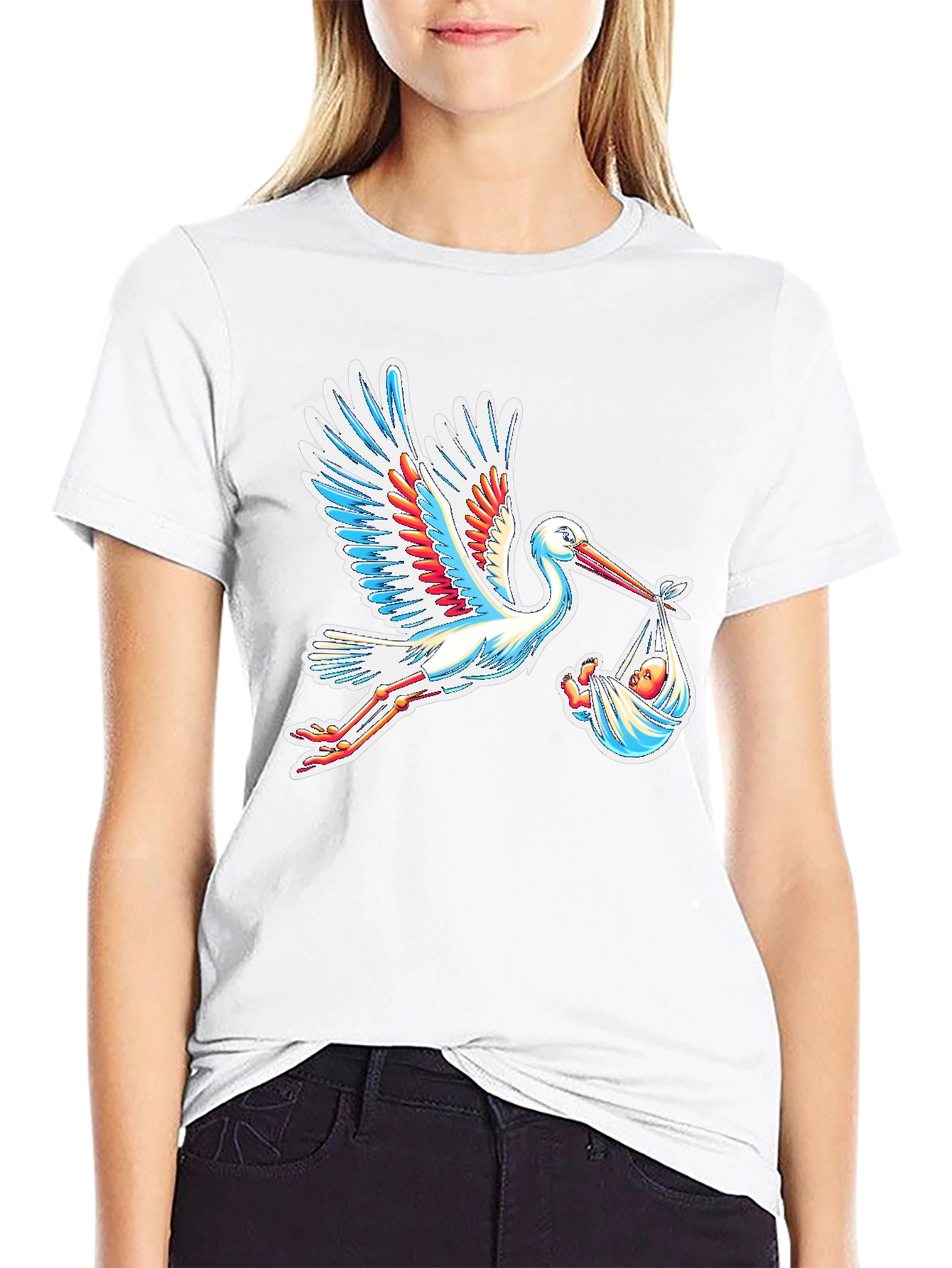 Stork Carrying Baby Graphic Tee - Black