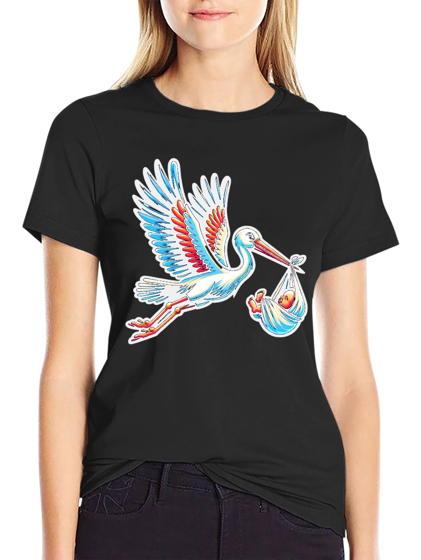 Stork Carrying Baby Graphic Tee - Black