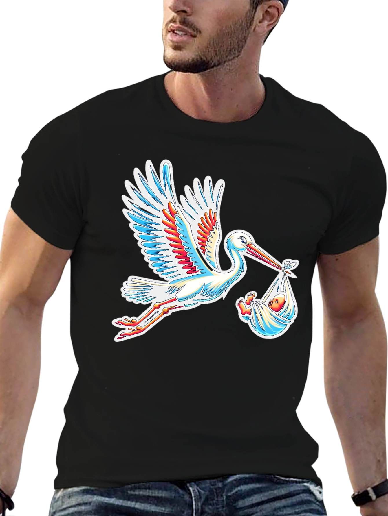 Stork Carrying Baby Graphic Tee - Black