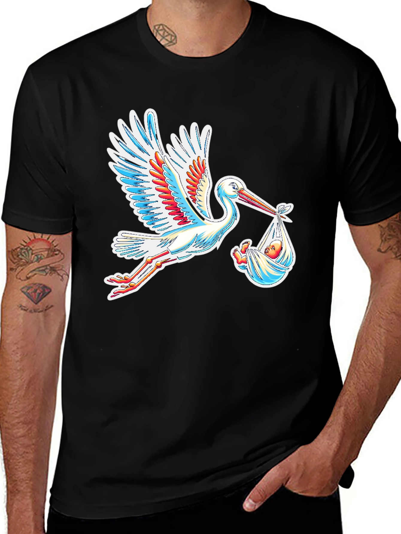 Stork Carrying Baby Graphic Tee - Black