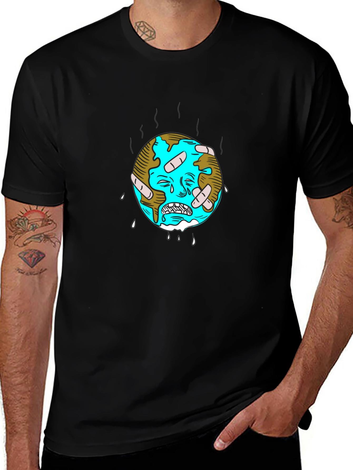 Distressed Earth Graphic Tee - Black Cotton T-Shirt