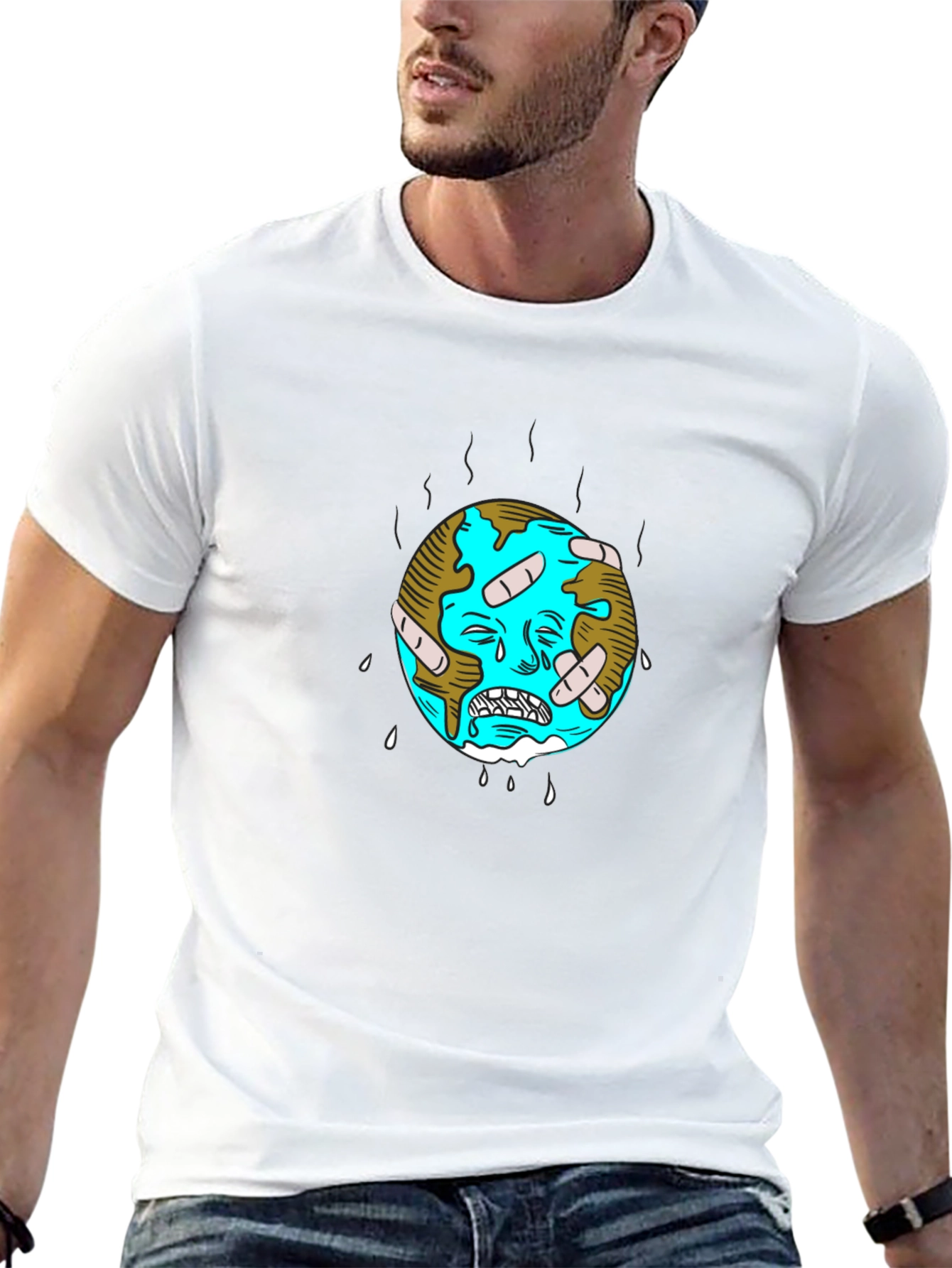 Distressed Earth Graphic Tee - Black Cotton T-Shirt