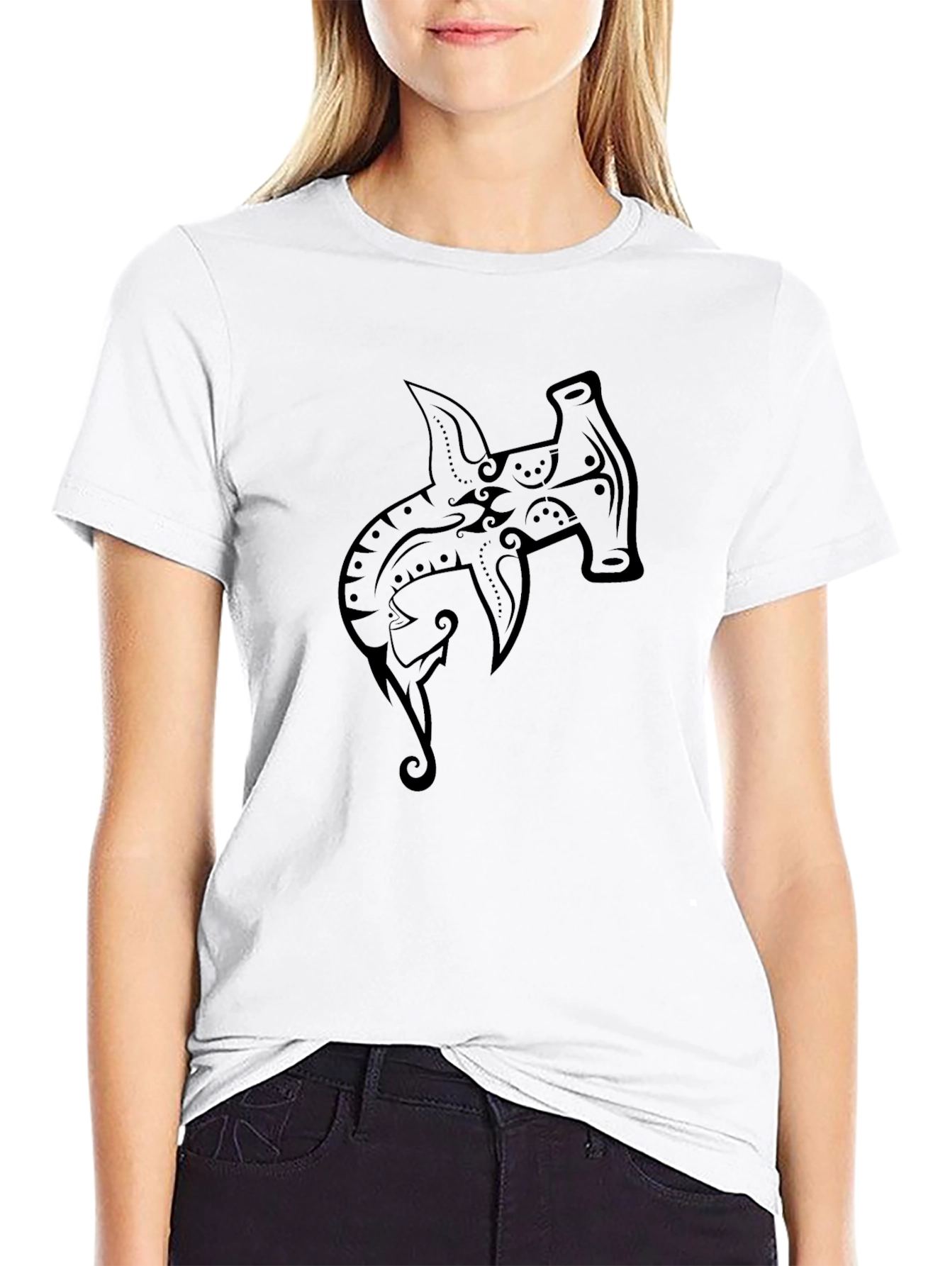 Hammerhead Shark Tribal Design Black T-Shirt