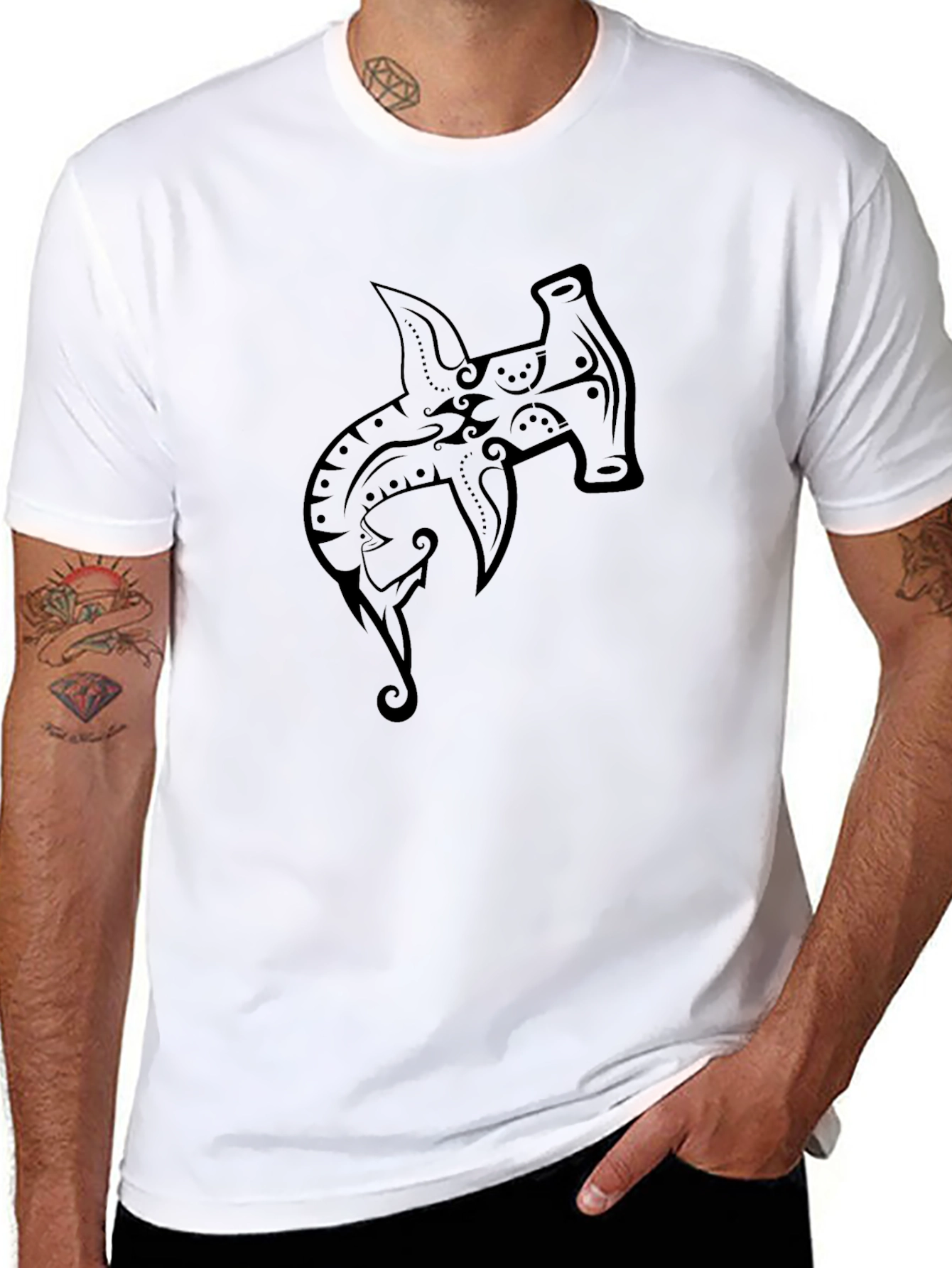 Hammerhead Shark Tribal Design Black T-Shirt
