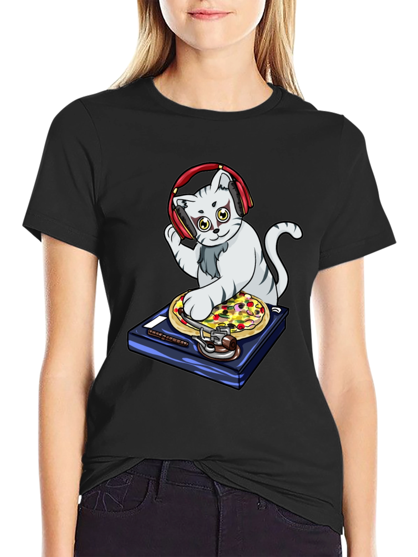 DJ Cat Pizza Turntable Graphic T-Shirt