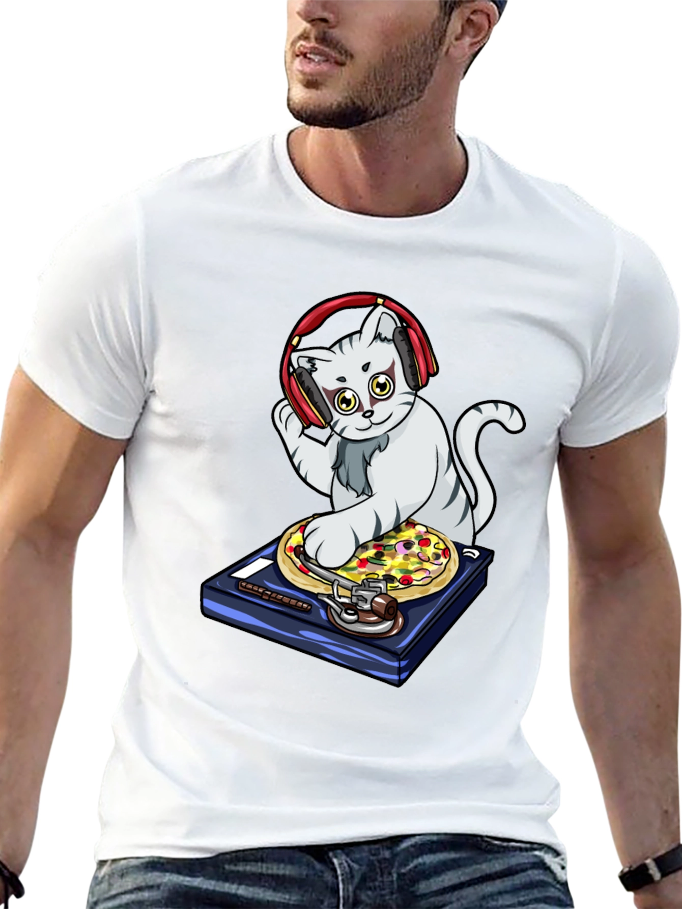 DJ Cat Pizza Turntable Graphic T-Shirt