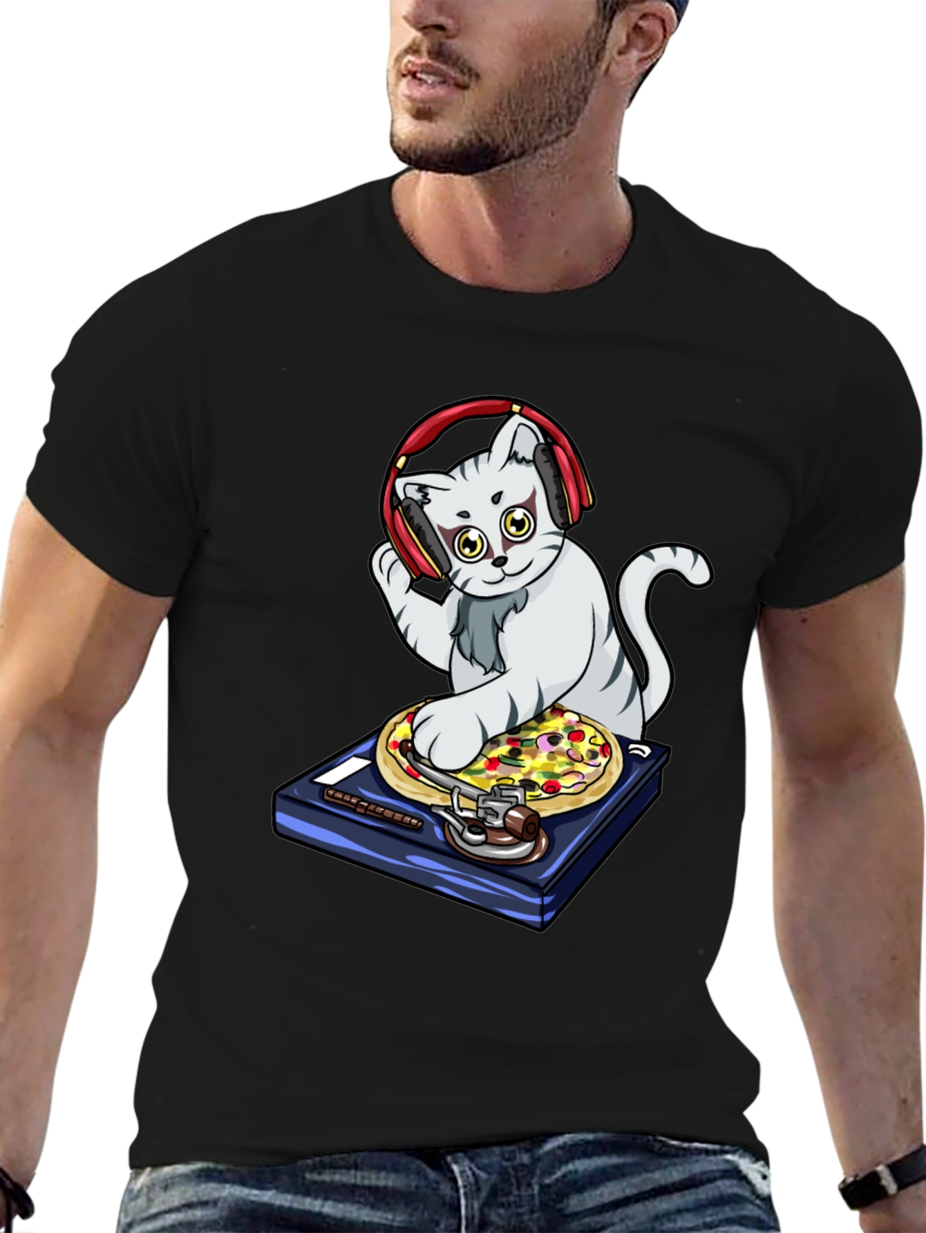 DJ Cat Pizza Turntable Graphic T-Shirt