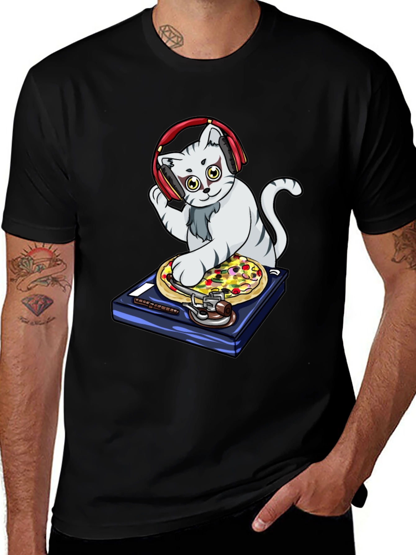 DJ Cat Pizza Turntable Graphic T-Shirt